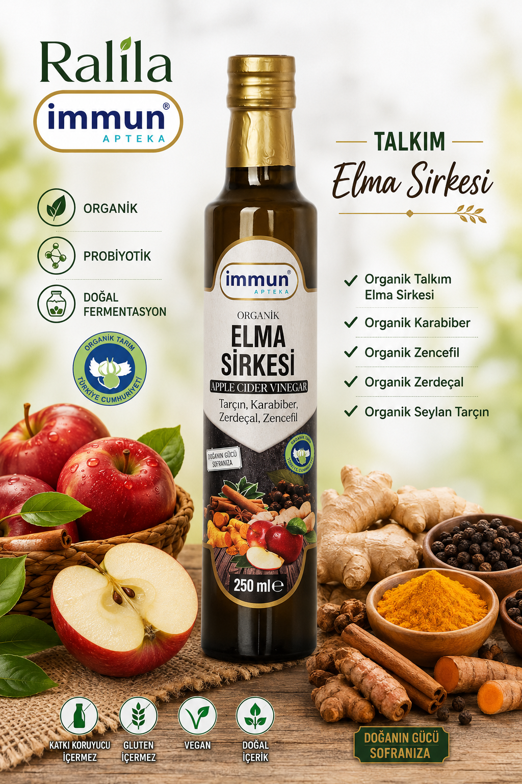 İmmun Apteka Organik Elma Sirkesi 250Ml Tarçın Karabiber Ralila