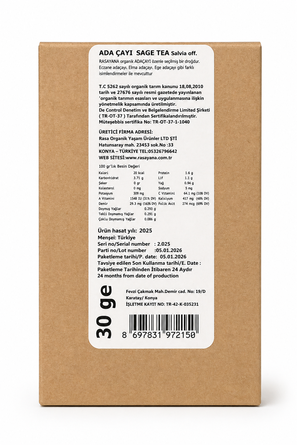 Organik Adaçayı (Salvia) 30gr Rasayana