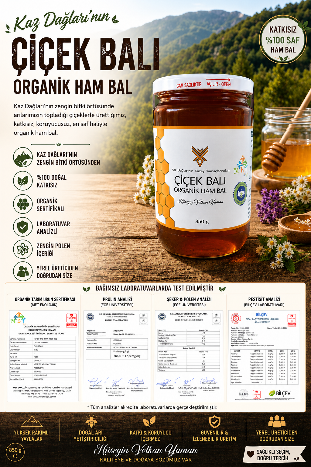Organik Çiçek Balı Ham Bal 850gr Kaz Dağları