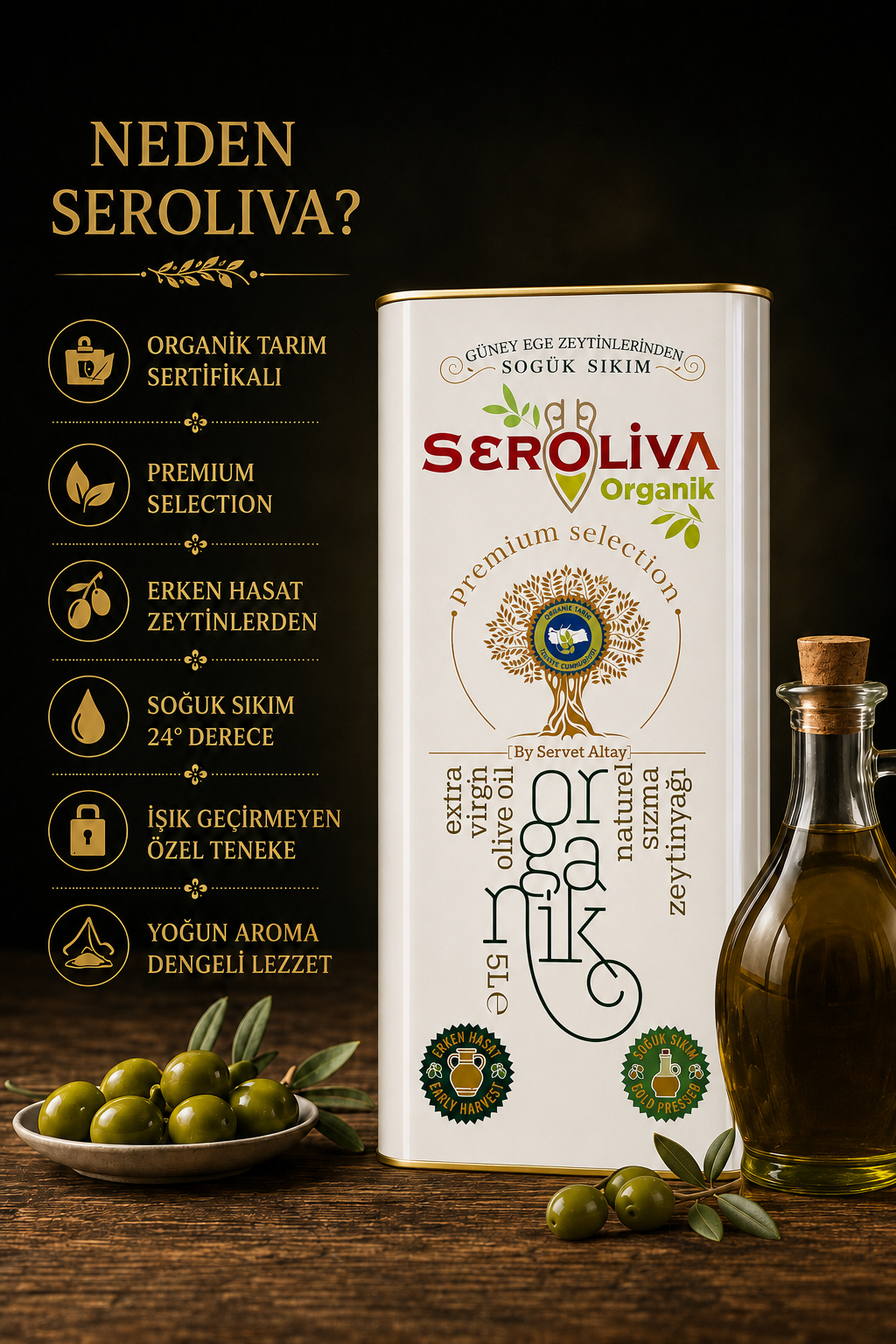 Organik Erken Hasat Naturel Sızma Zeytinyağı 5 Lt 0,5 ASİT Seroliva