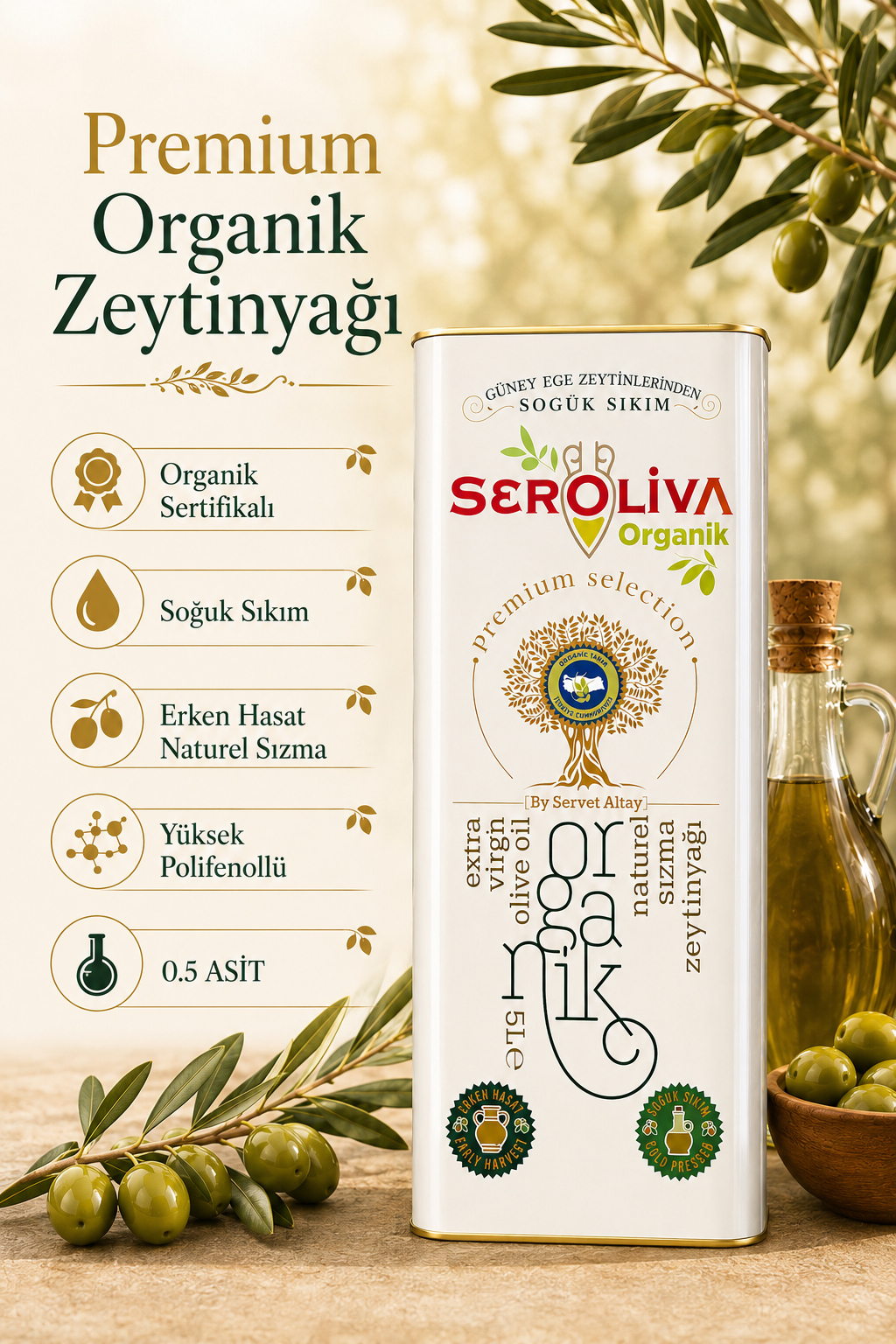 Organik Erken Hasat Naturel Sızma Zeytinyağı 5 Lt 0,5 ASİT Seroliva