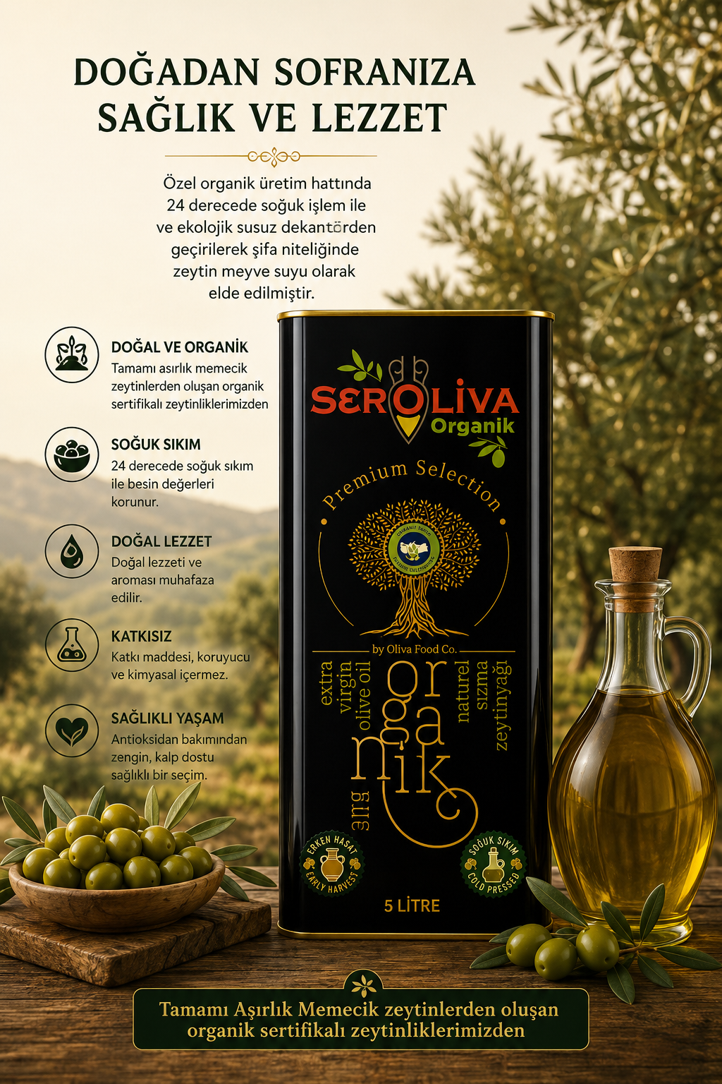 Organik Erken Hasat Özel Seri Zeytinyağı 5 Lt 0,4 ASİT Seroliva