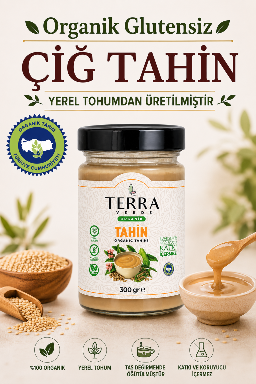 Organik Glutensiz Çiğ Tahin 300gr Terra Verde