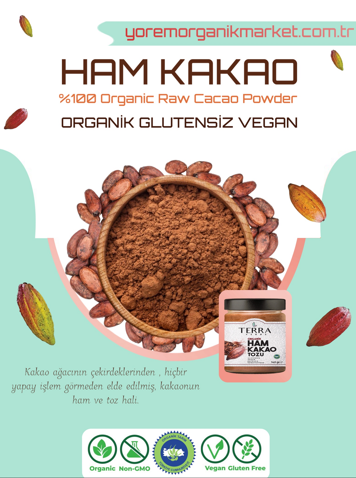 Organik Hindistan Cevizi Yağı Soğuk Sıkım 300Ml Organik Ham Kakao Tozu 140gr Terra Verde