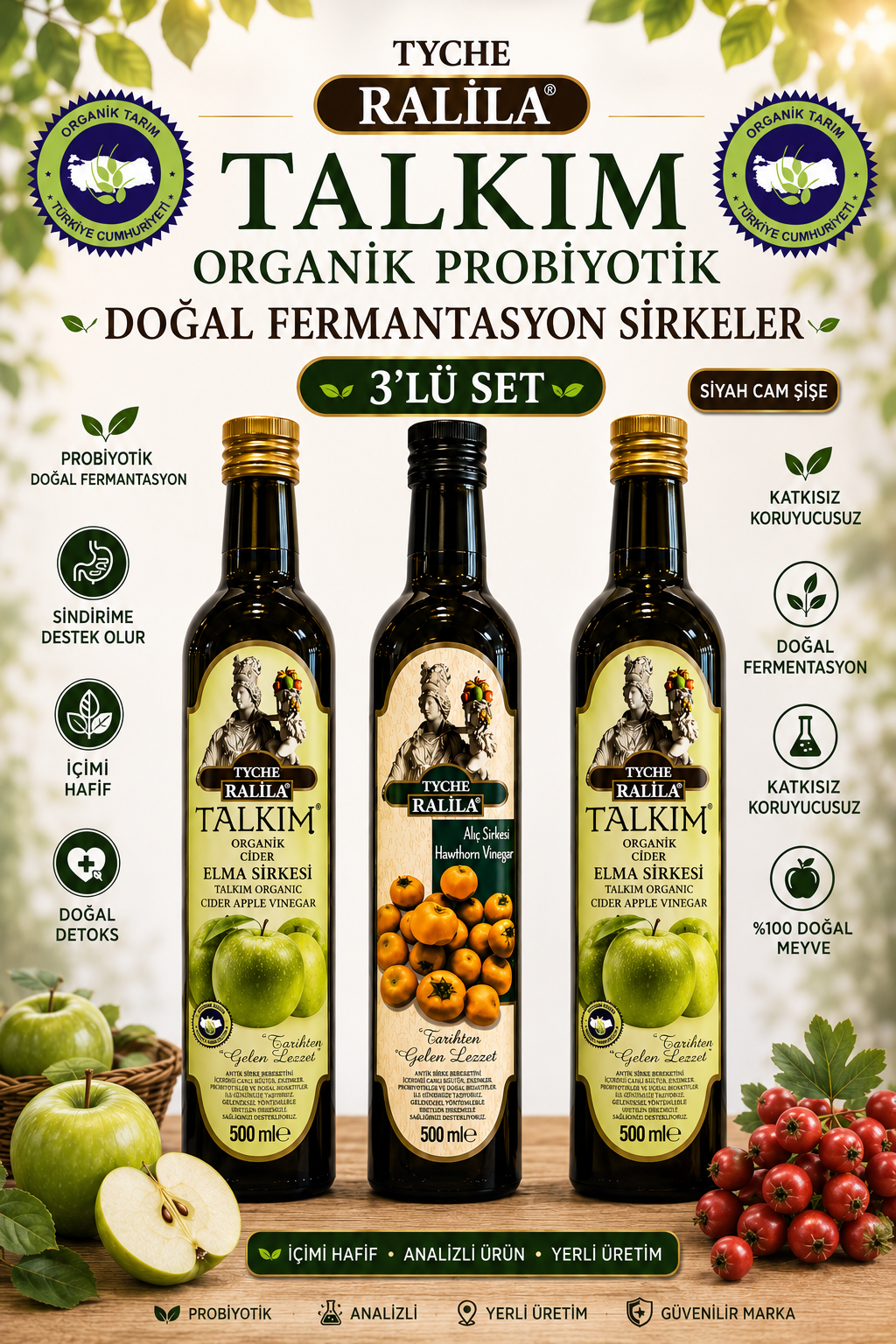 Organik Talkım Elma Sirkesi 500Ml 2 Adet + Alıç Sirkesi 500 Ml Ralila