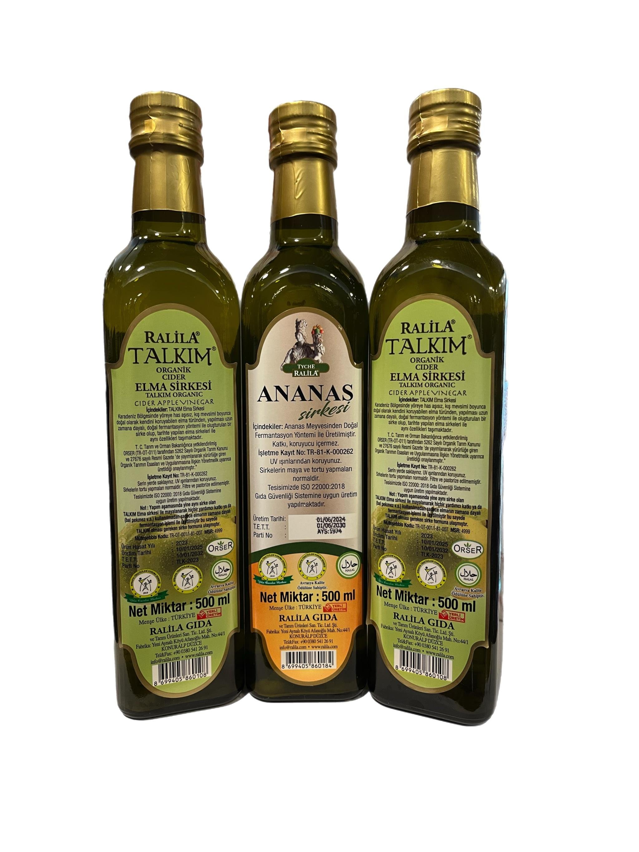 Organik Talkım Elma Sirkesi 500Ml 2 Adet + Ananas Sirkesi 500 Ml Ralila