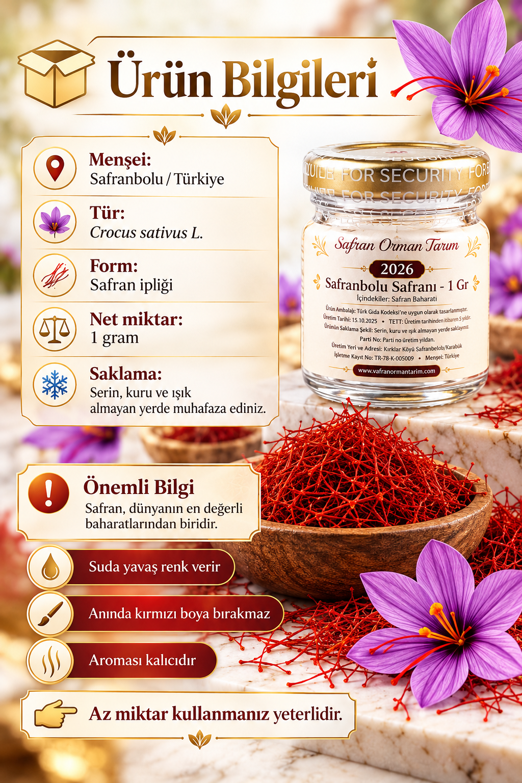 Safranbolu Safranı 1gr - Laboratuvar Analizli - Yeni Hasat