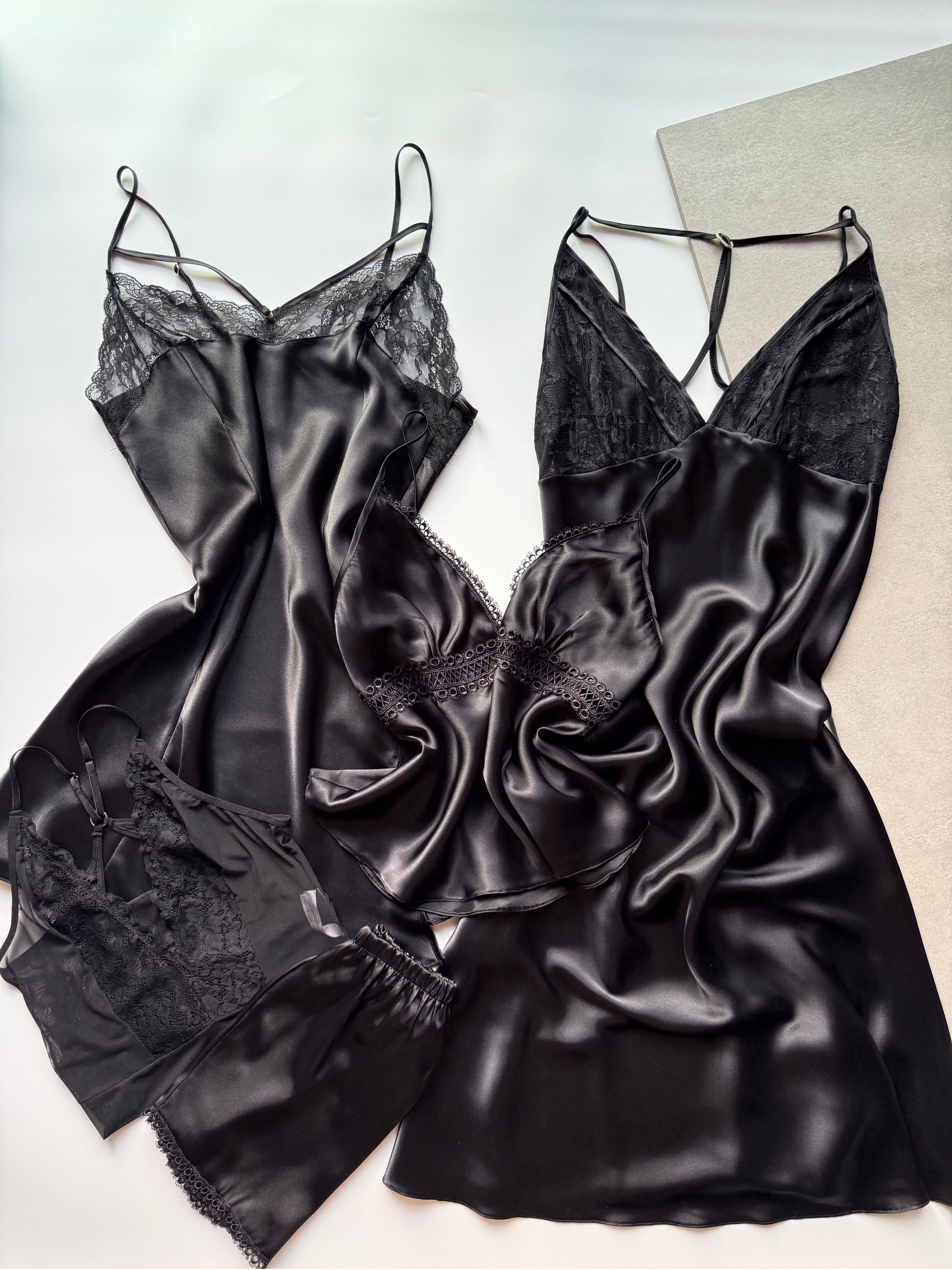 Black Flame Siyah Saten Dantelli 5'li Set