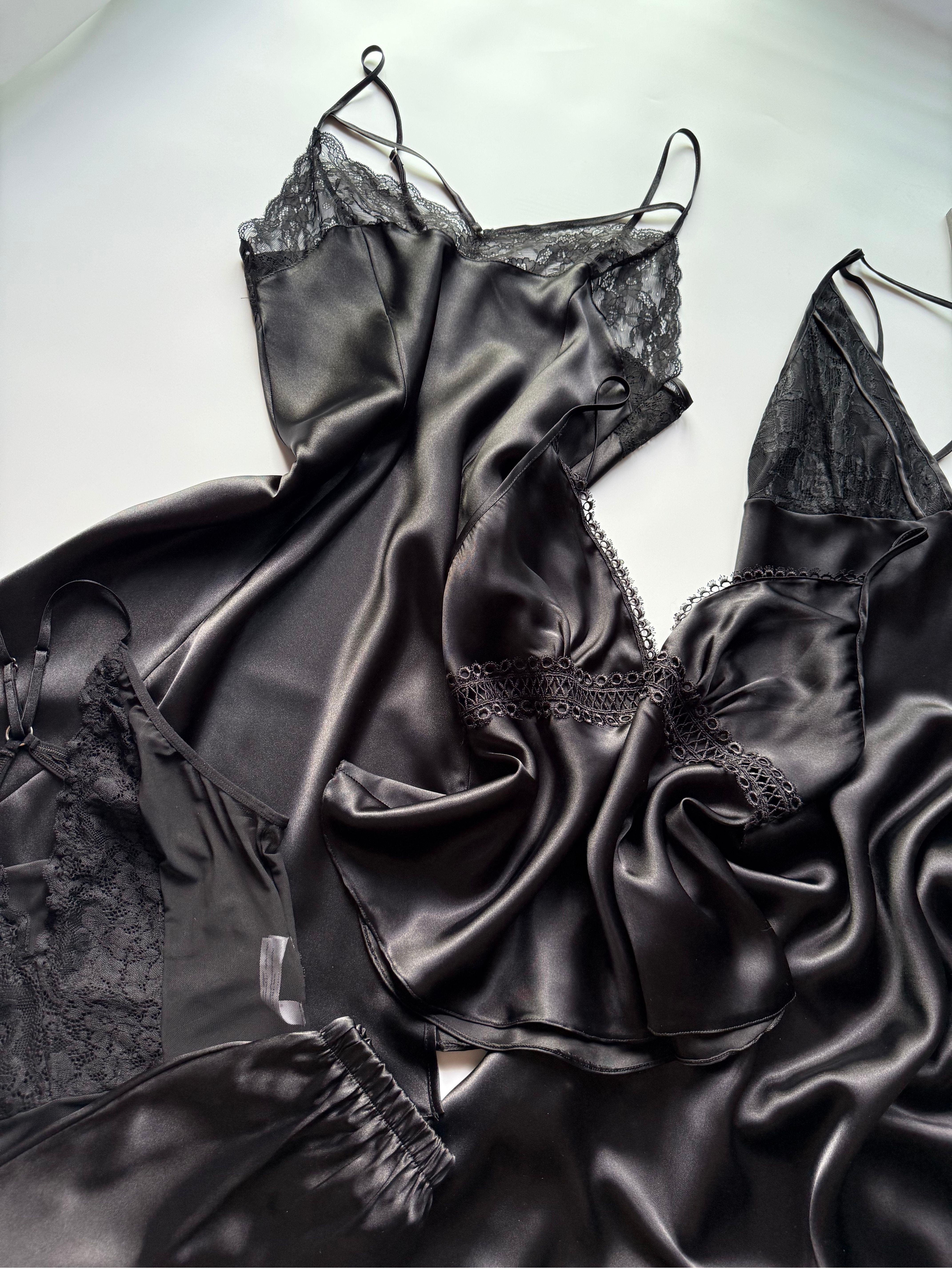 Black Flame Siyah Saten Dantelli 5'li Set