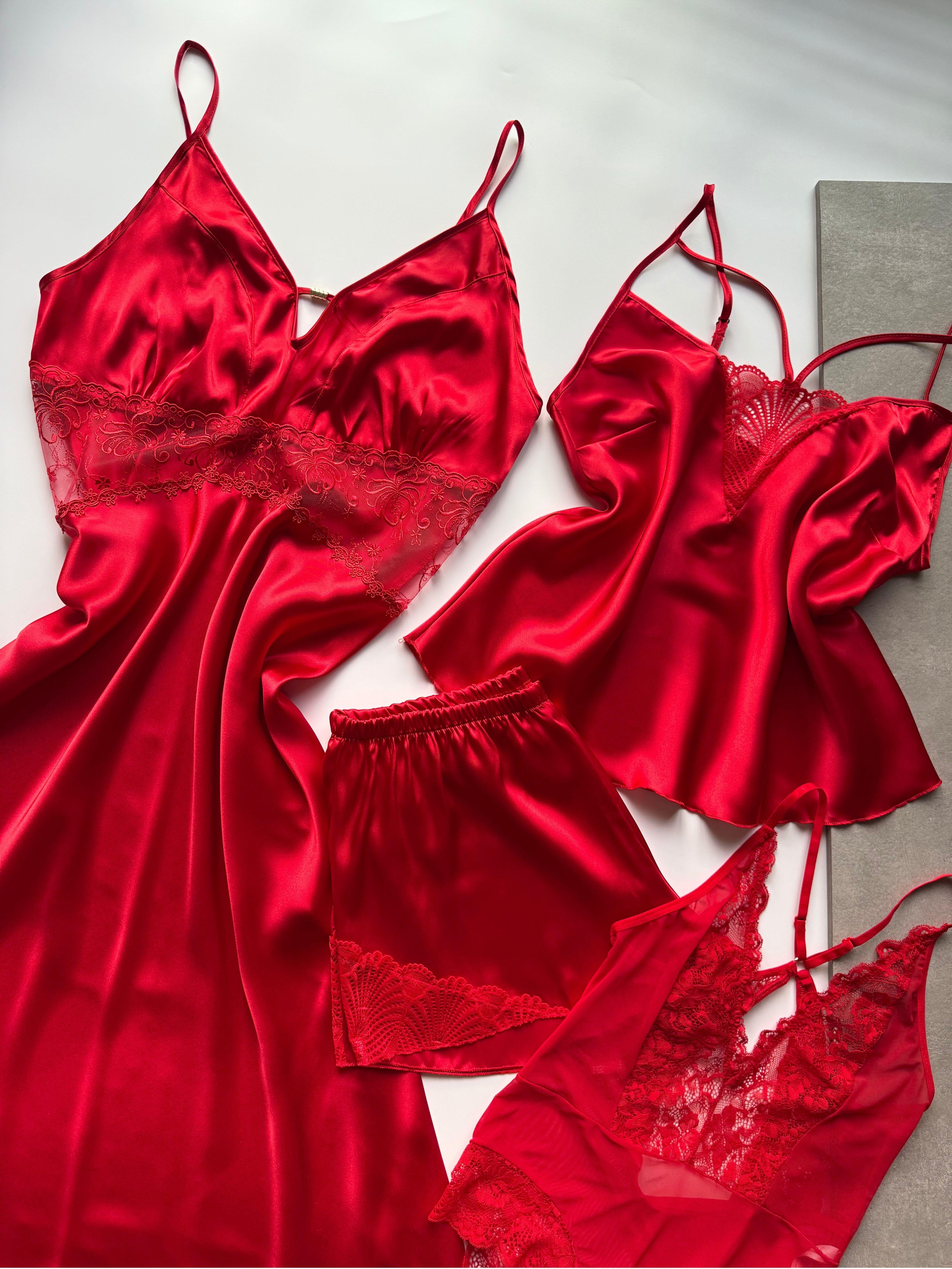 Rouge Mirage Kırmızı Saten Dantelli 4'lü Set