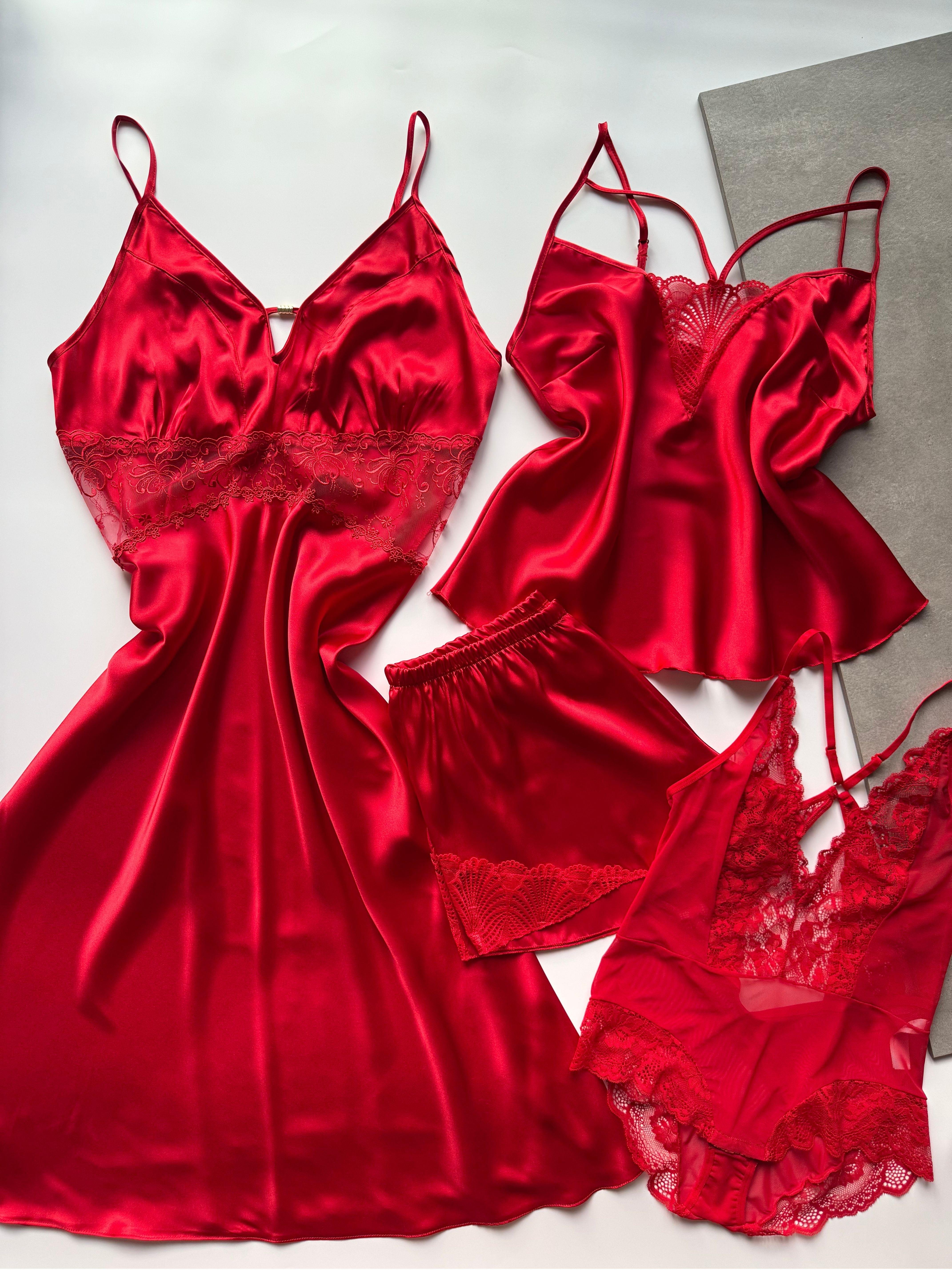 Rouge Mirage Kırmızı Saten Dantelli 4'lü Set