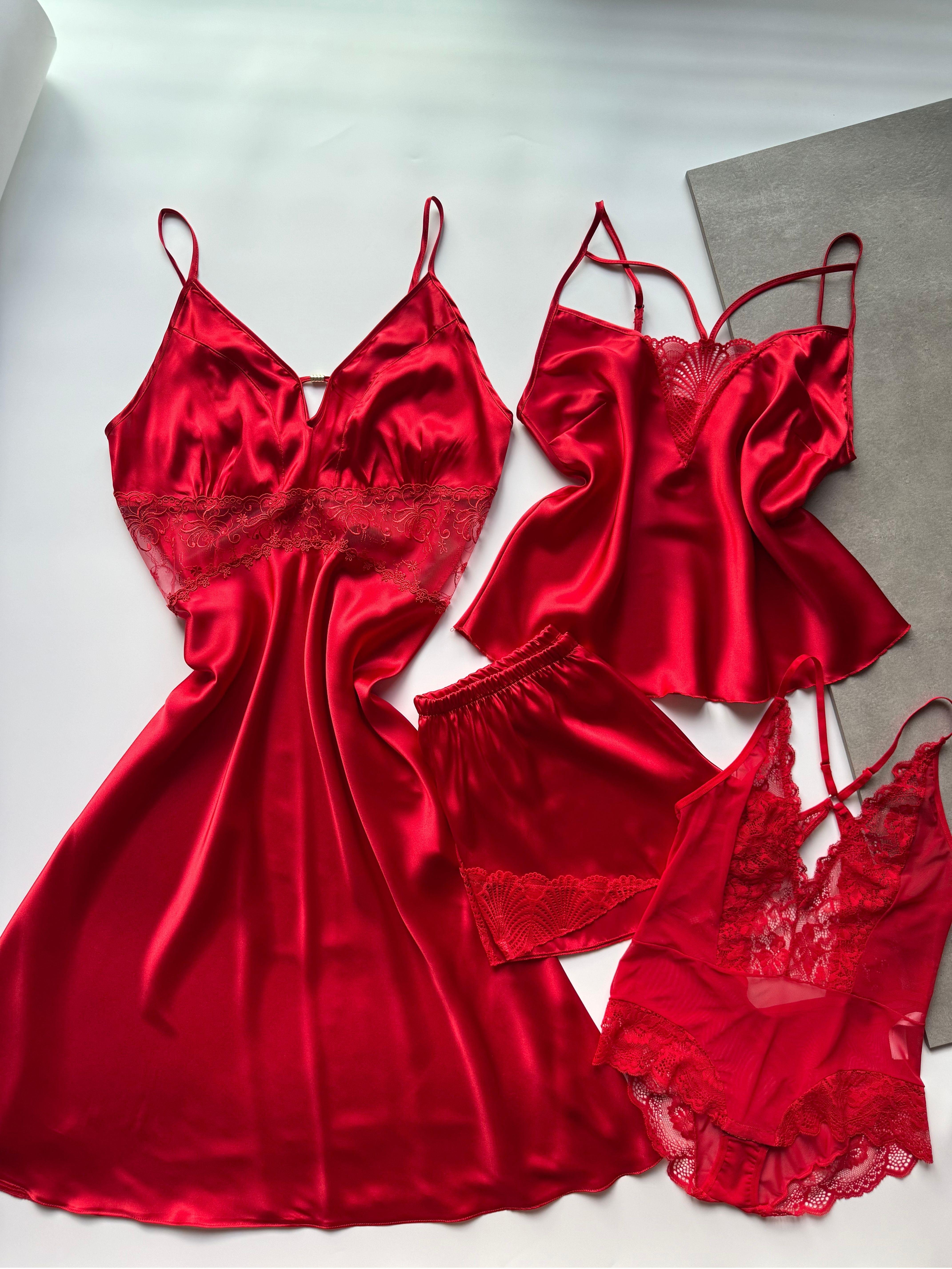 Rouge Mirage Kırmızı Saten Dantelli 4'lü Set