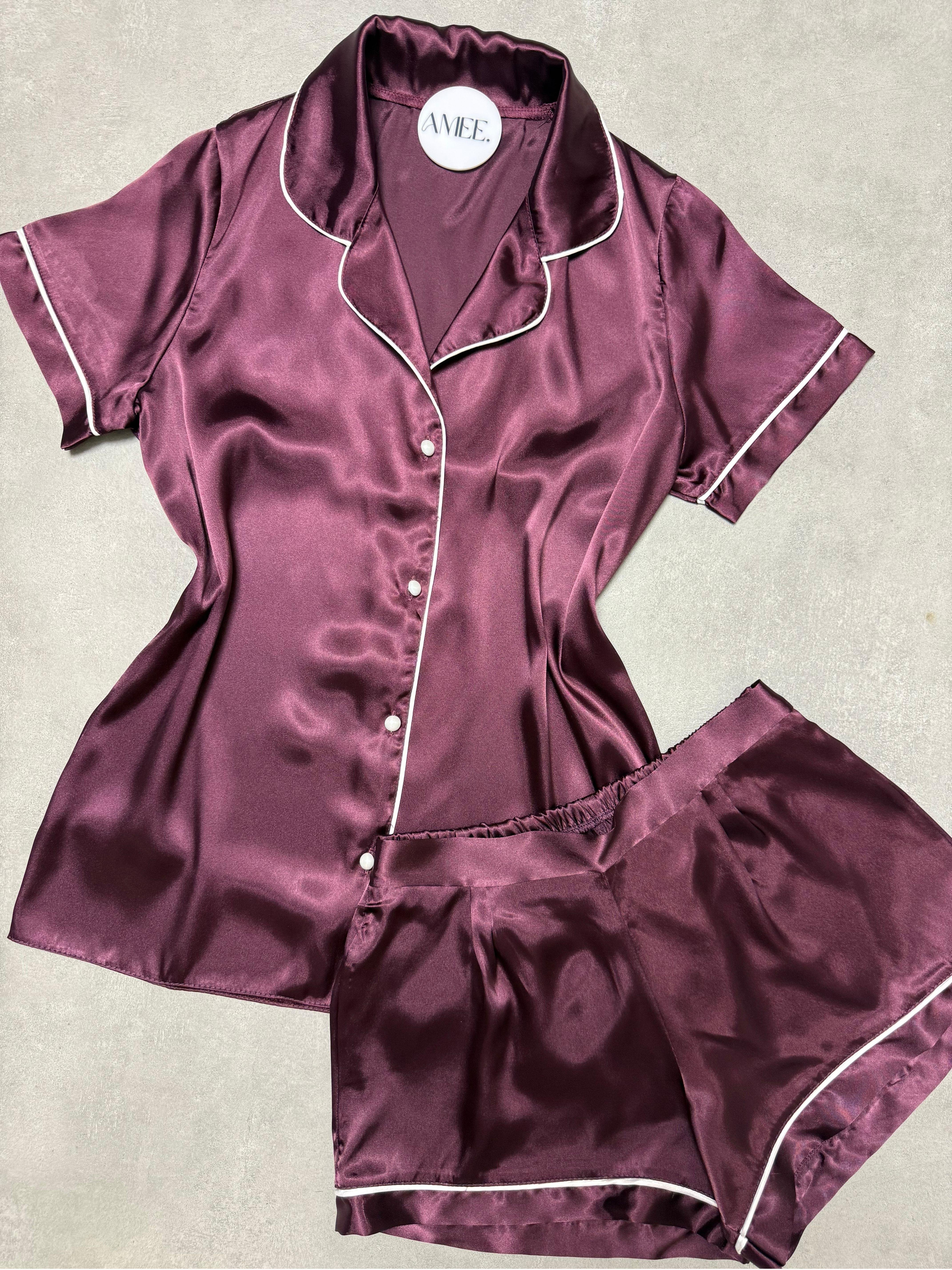Violet Mürdüm Saten Şortlu Takım