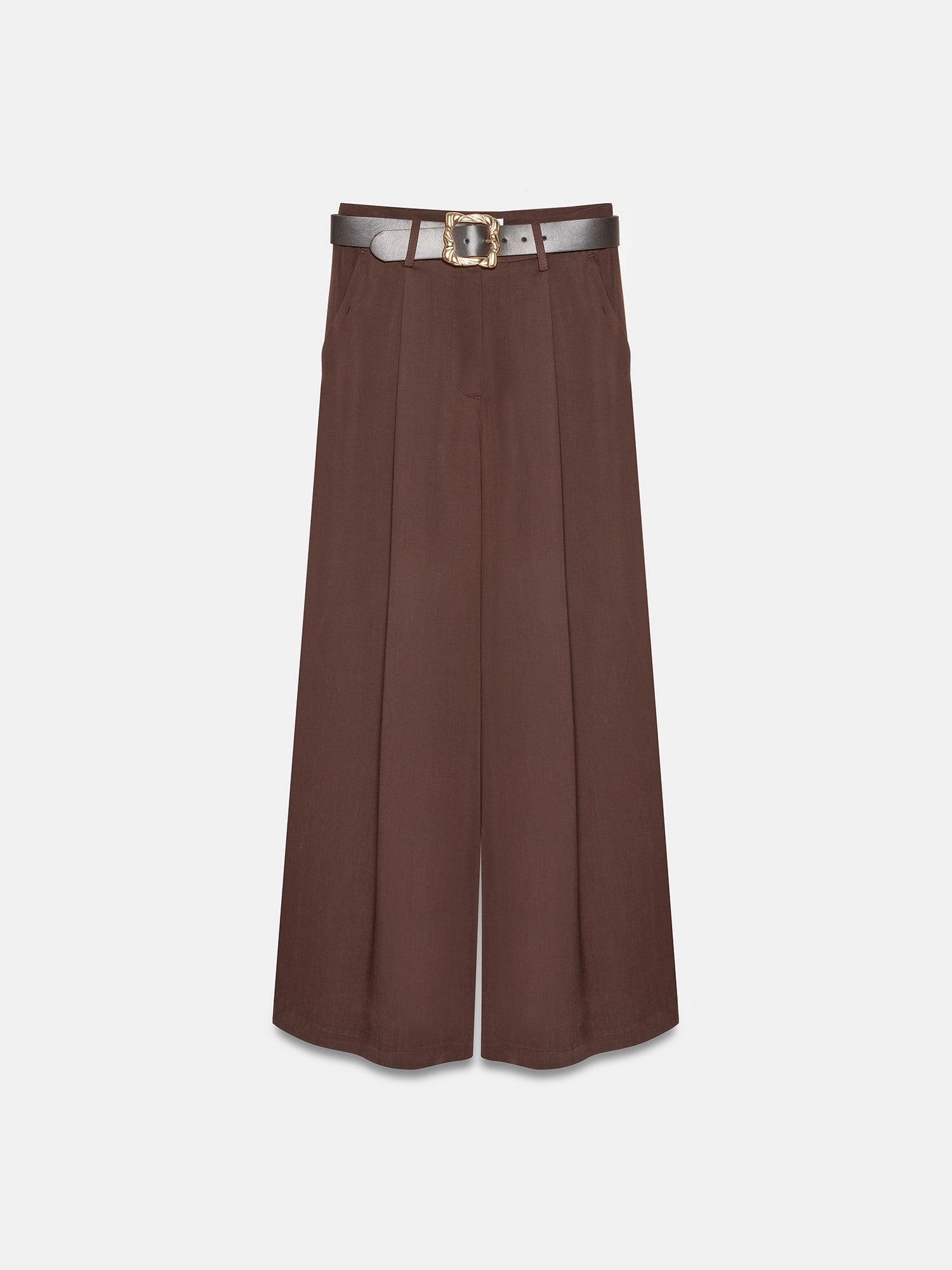  %100 Lyocell Pileli Geniş Paça Pantolon-Kahve