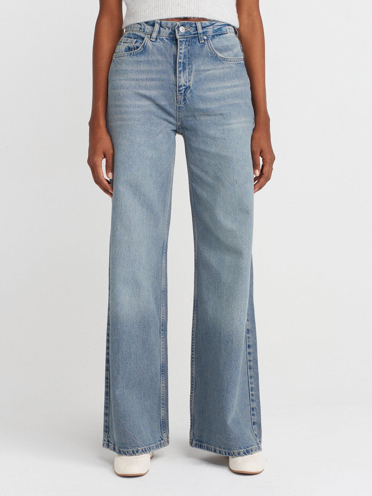 %100 Pamuk Dökümlü Geniş Denim Pantolon-Mavi