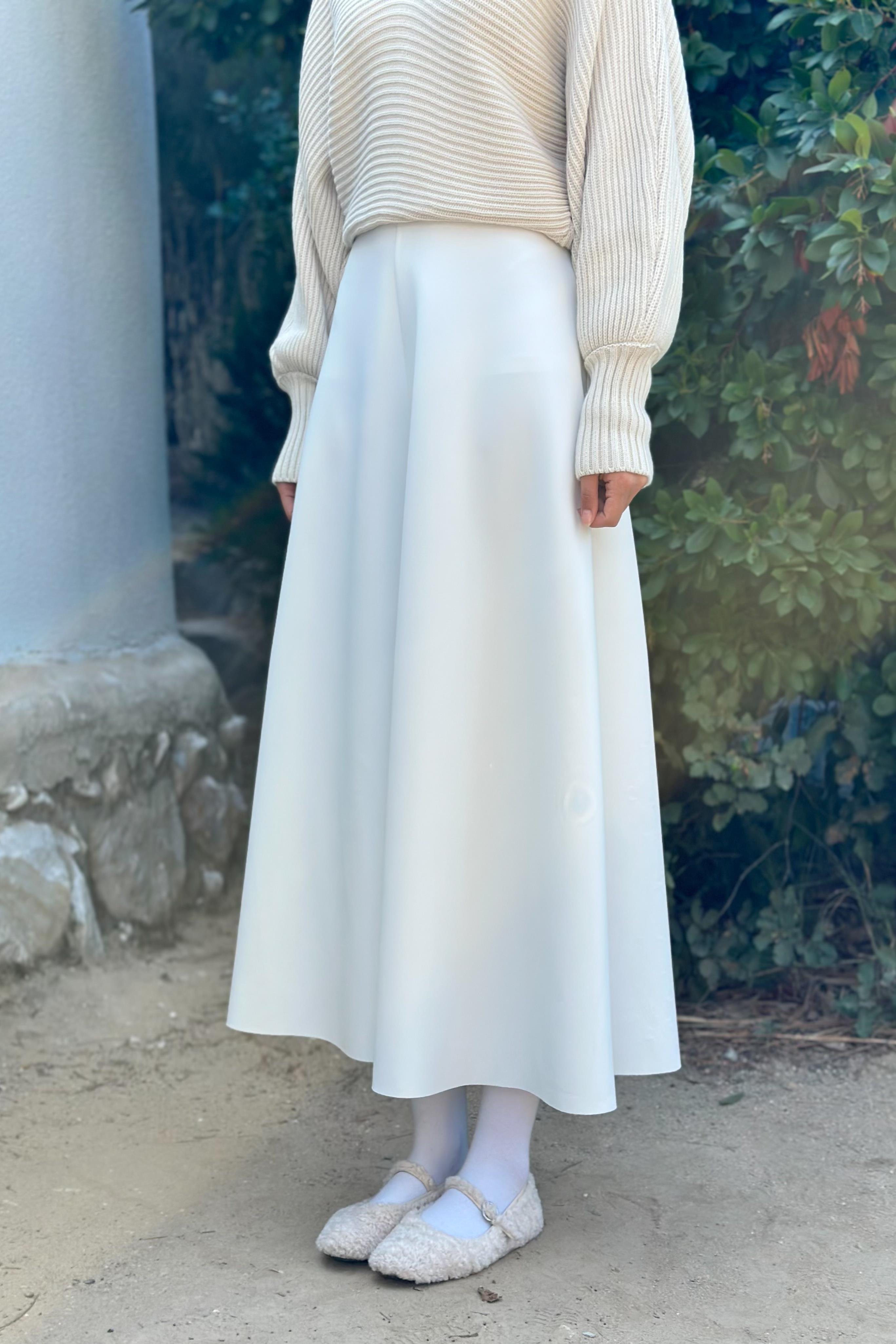 A Kesim Skuba Dalgıç Kumaş Basic Düz Maxi Etek Beyaz