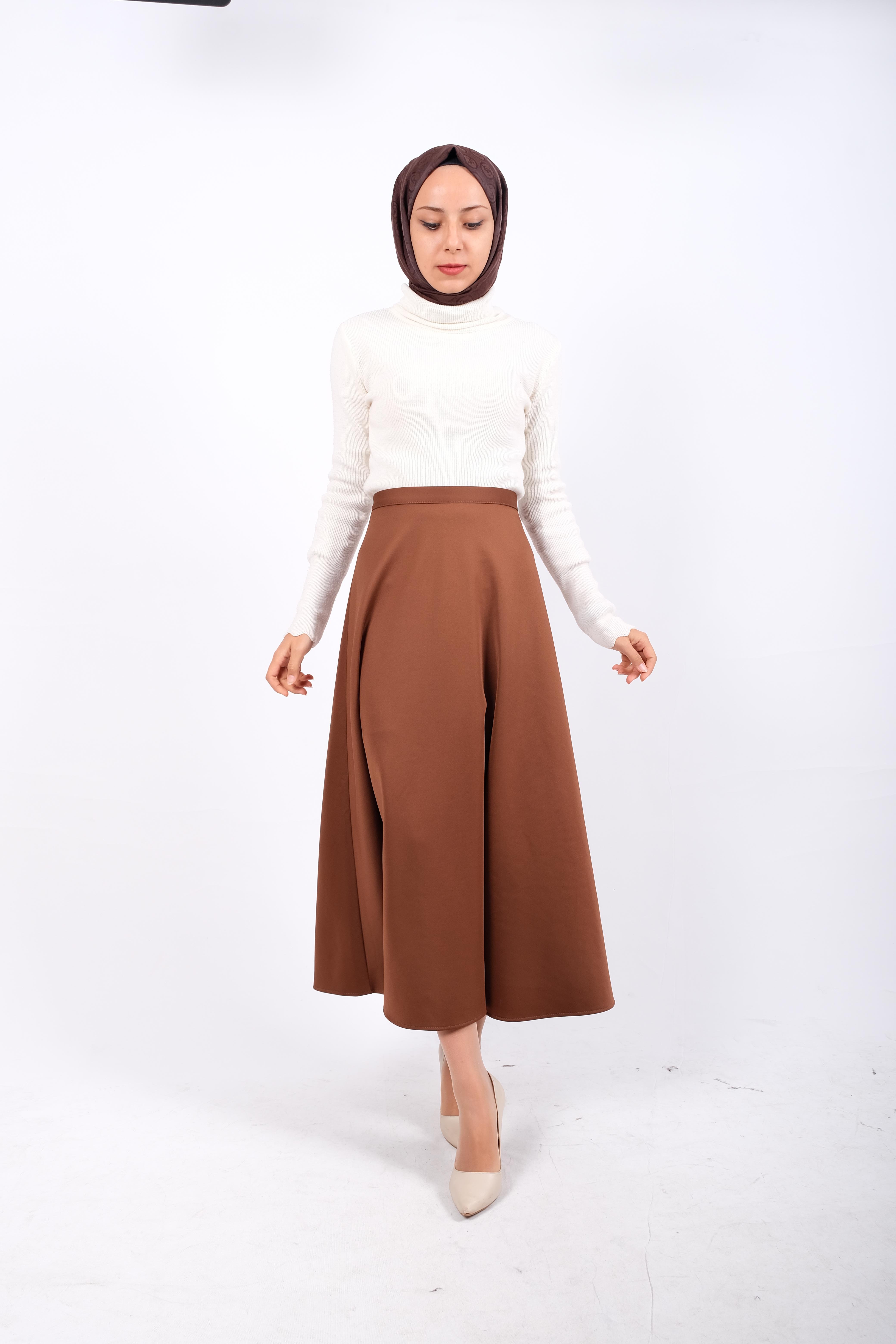 A Kesim Skuba Dalgıç Kumaş Basic Düz Maxi Etek Acı Kahve
