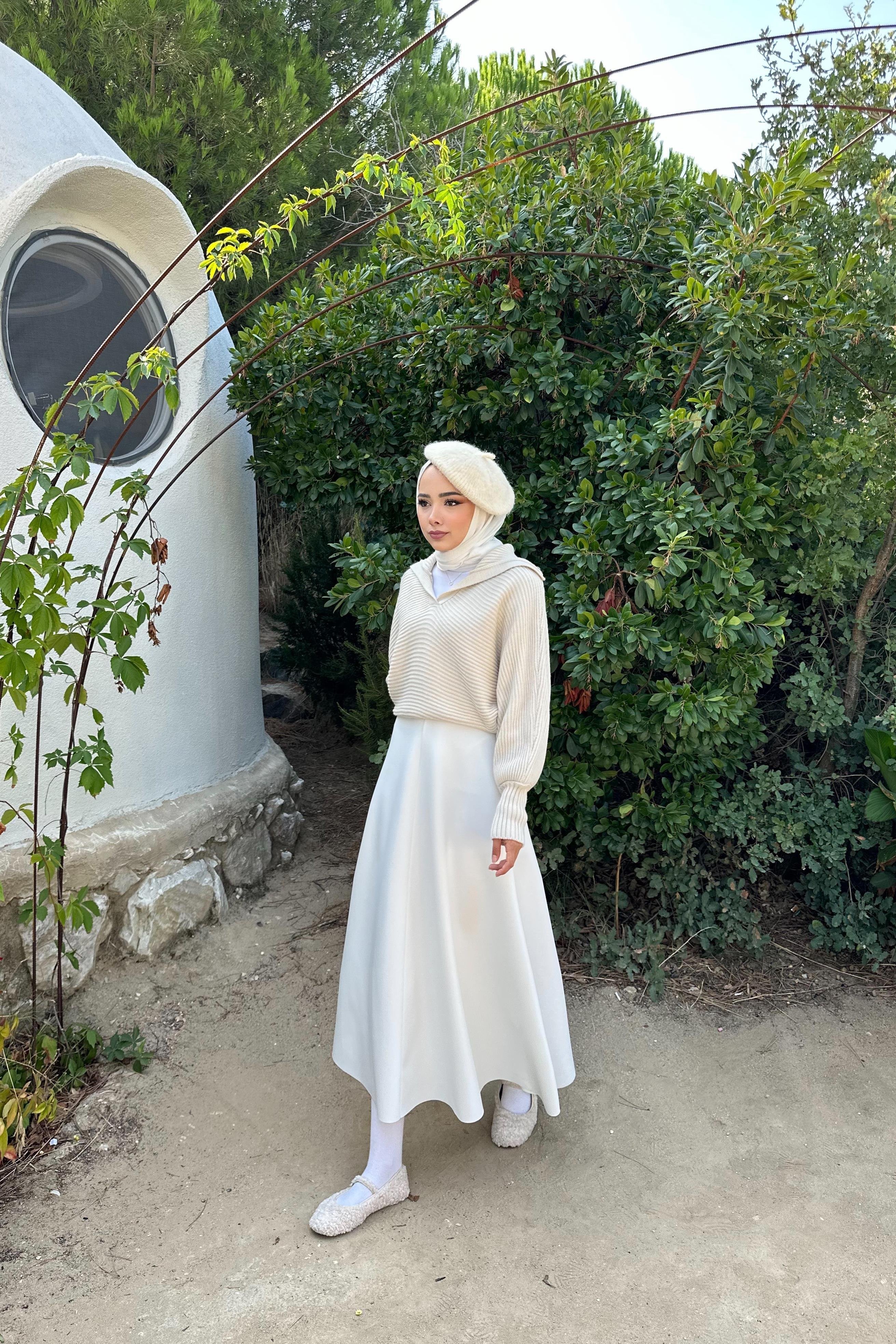 A Kesim Skuba Dalgıç Kumaş Basic Düz Maxi Etek Beyaz