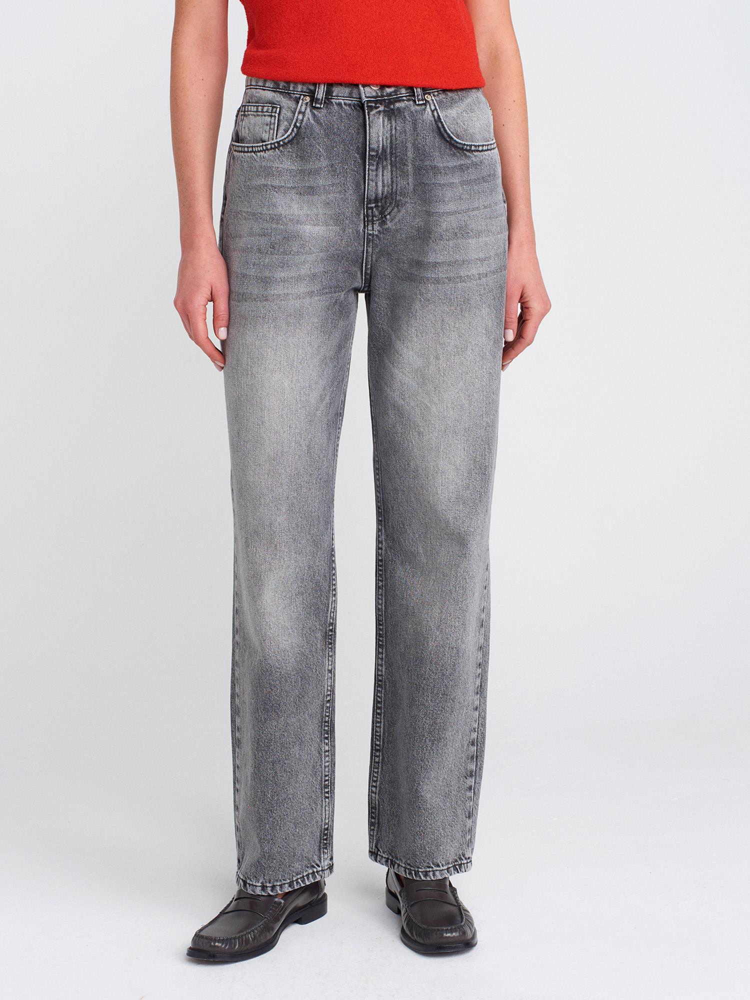 Antrasit Kar Yıkama Denim Mom Pantolon-Antrasit