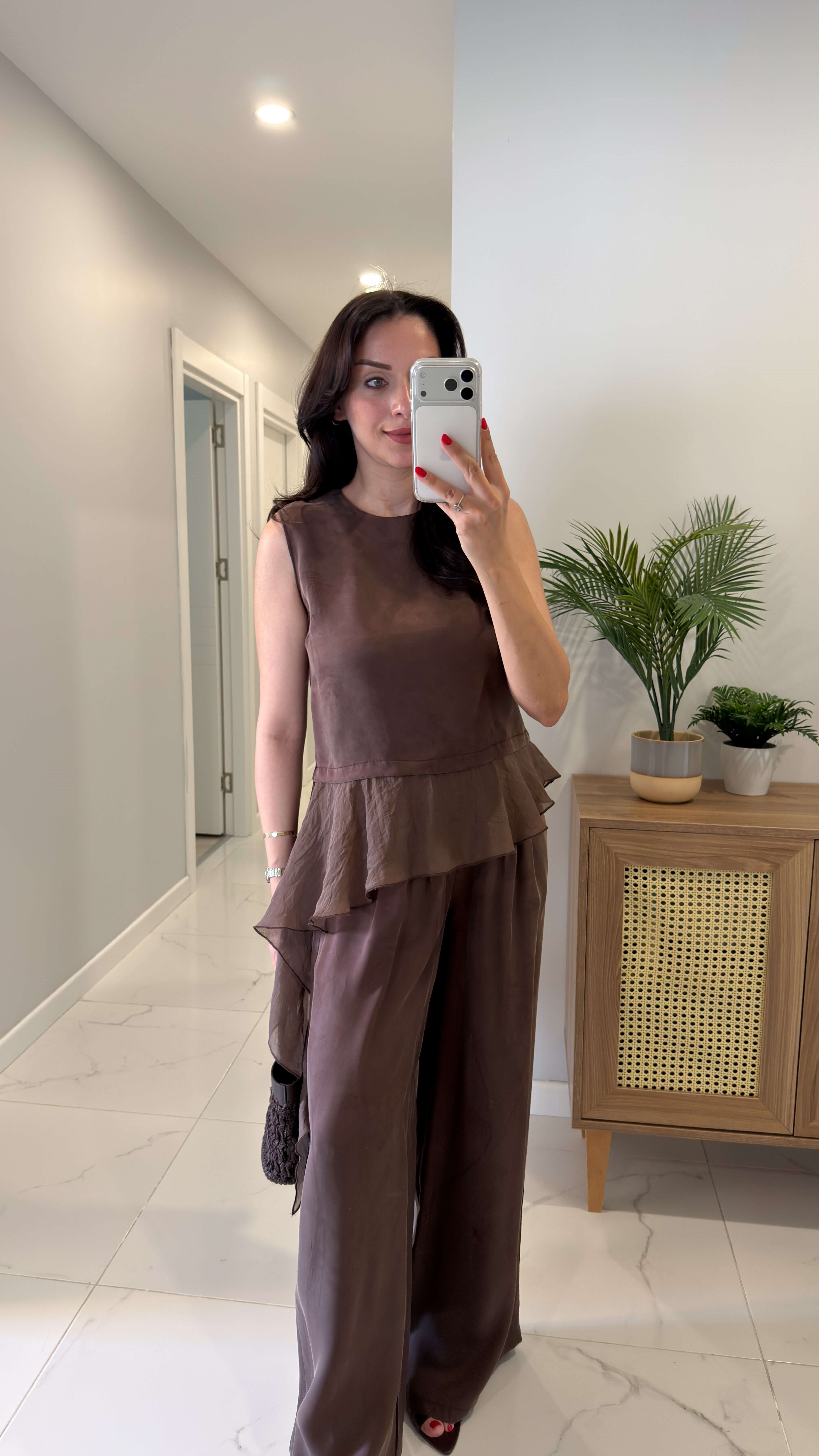 ASİMETRİK TÜL DETAY BLUZ PANTOLON TAKIM Kahve