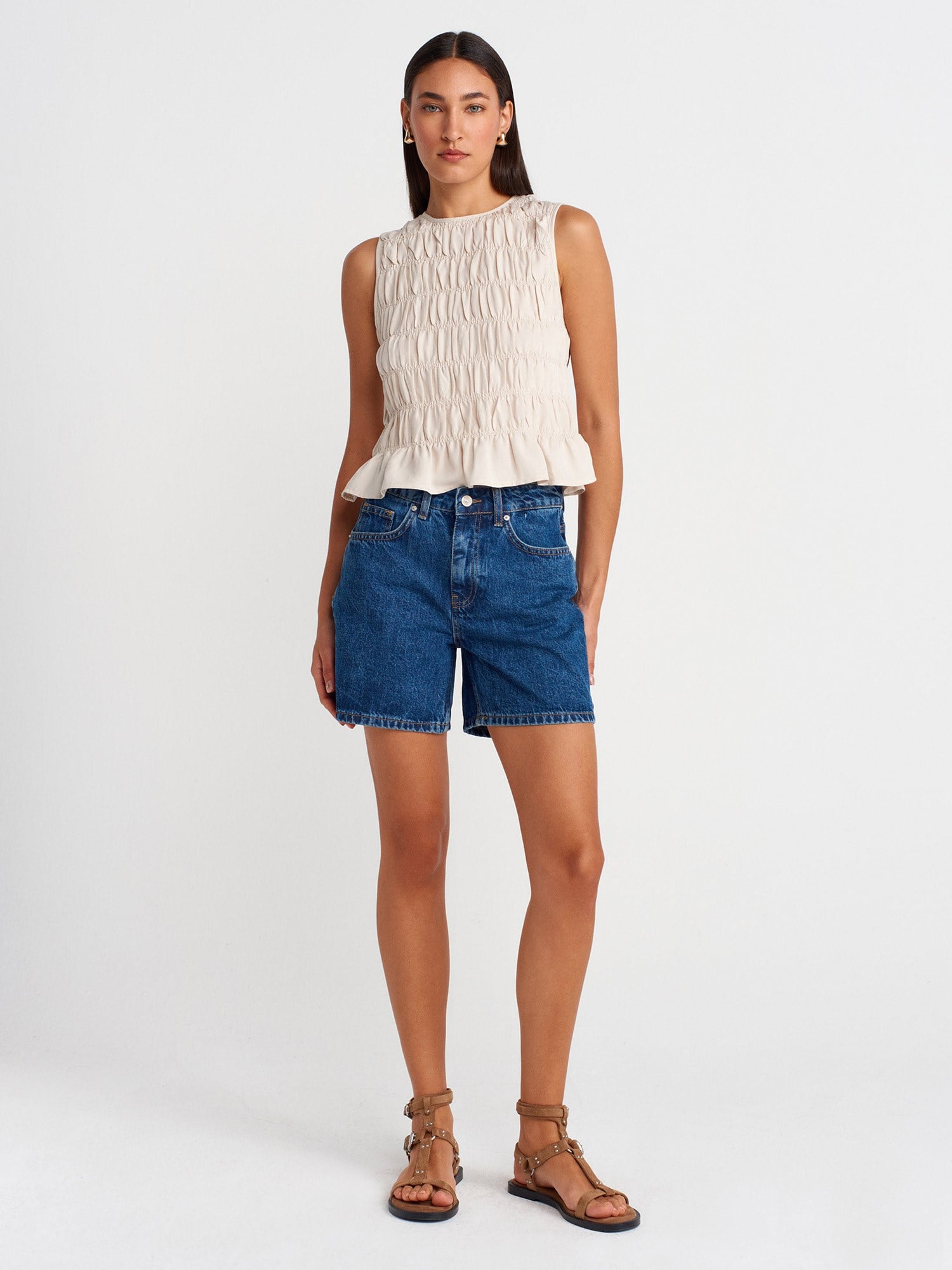 Basic Orta Boy Denim Şort-Mavi