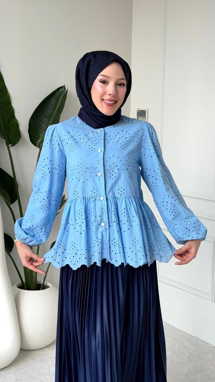 Brode Dantel Kumaş Mavi  Tunik