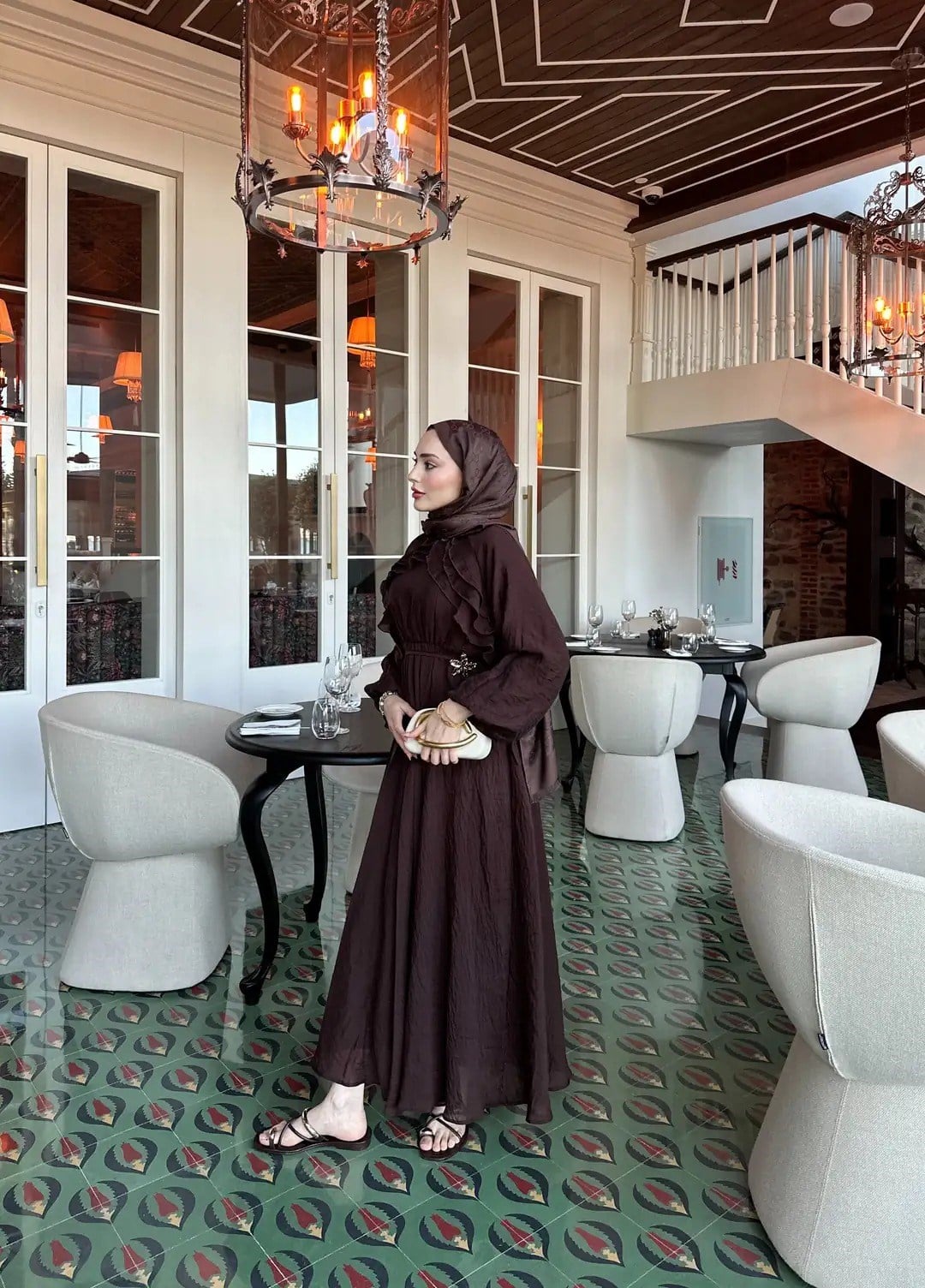 Fırfır Detaylı Elbise Acı Kahve