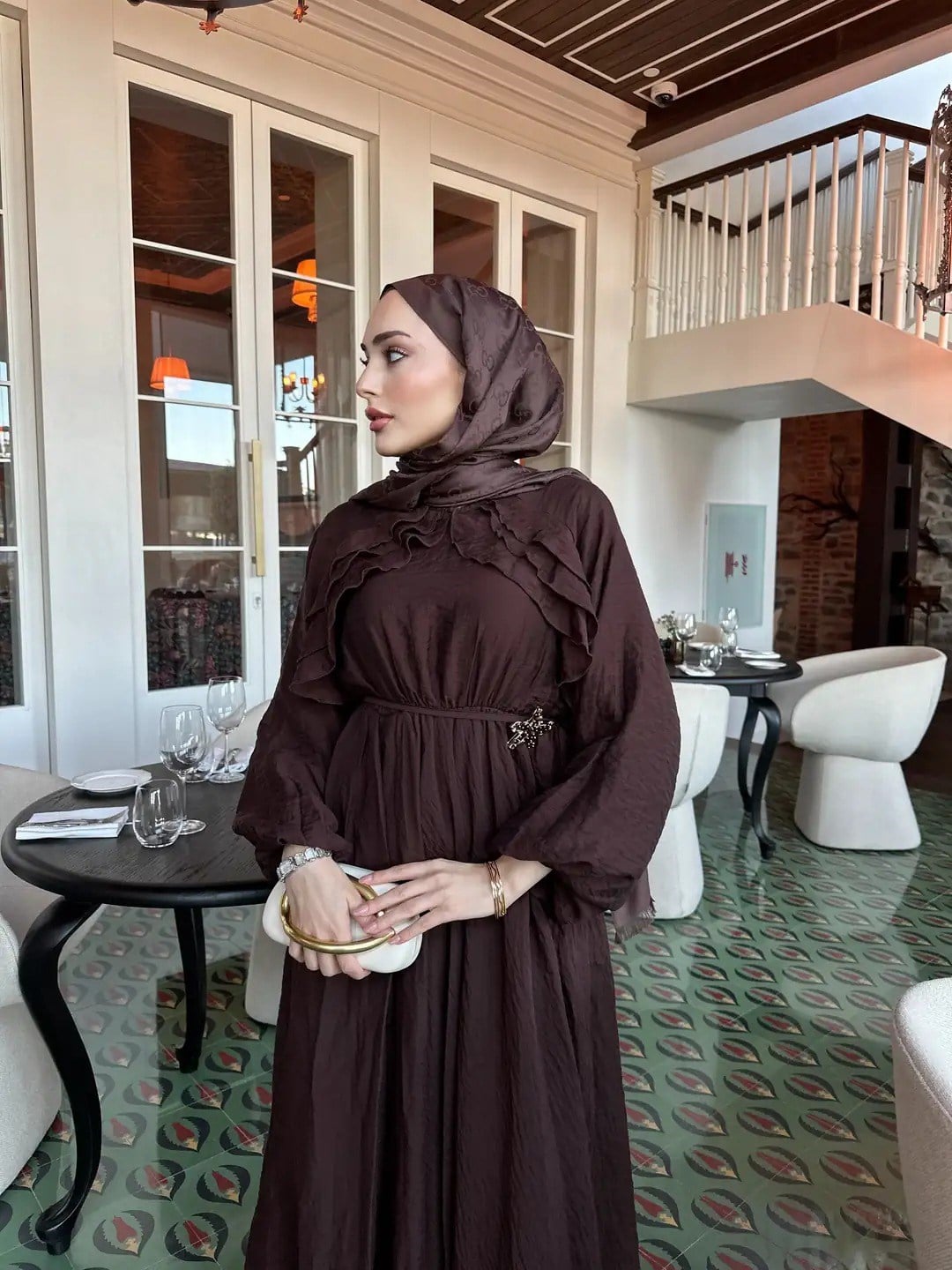 Fırfır Detaylı Elbise Acı Kahve