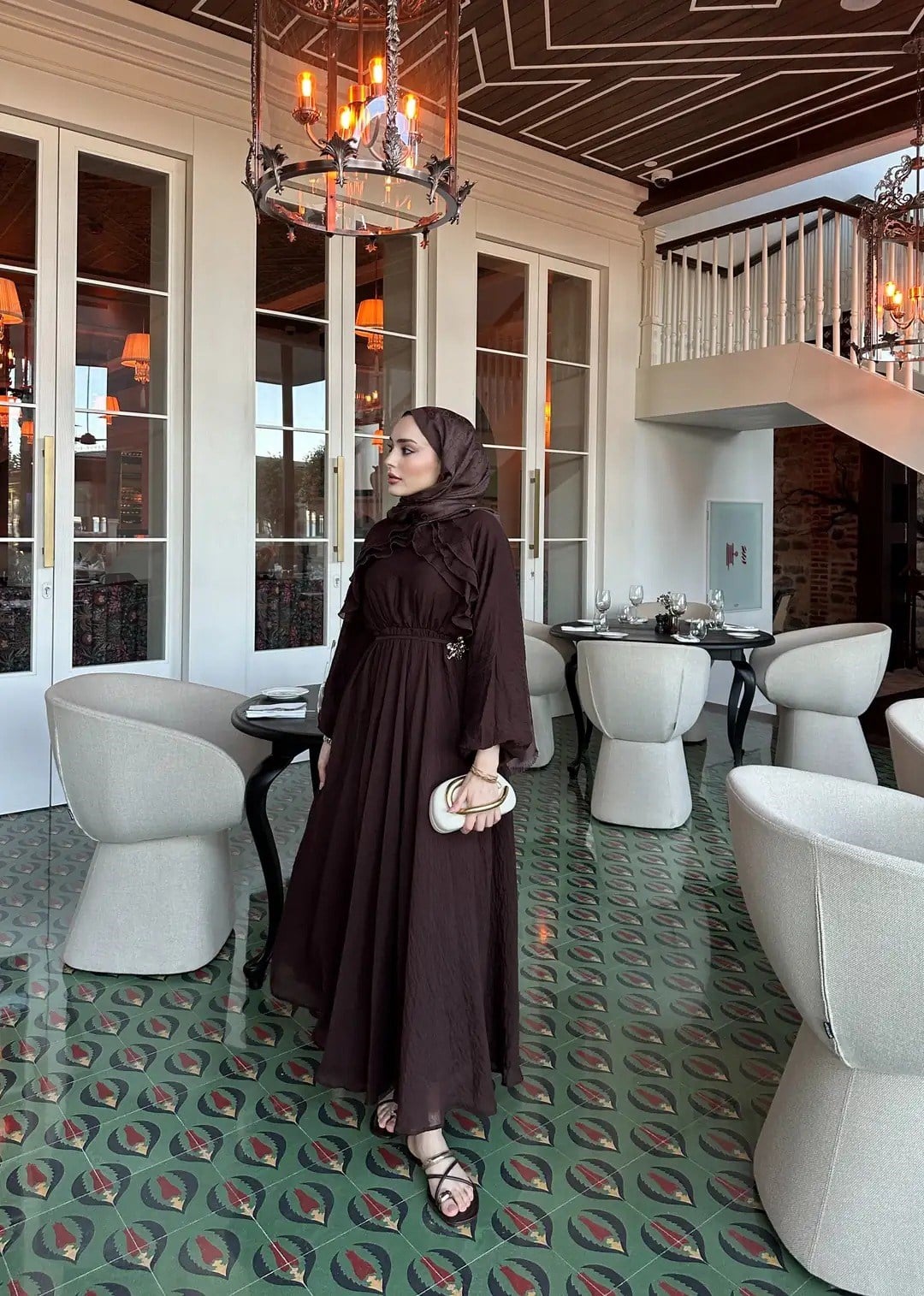 Fırfır Detaylı Elbise Acı Kahve