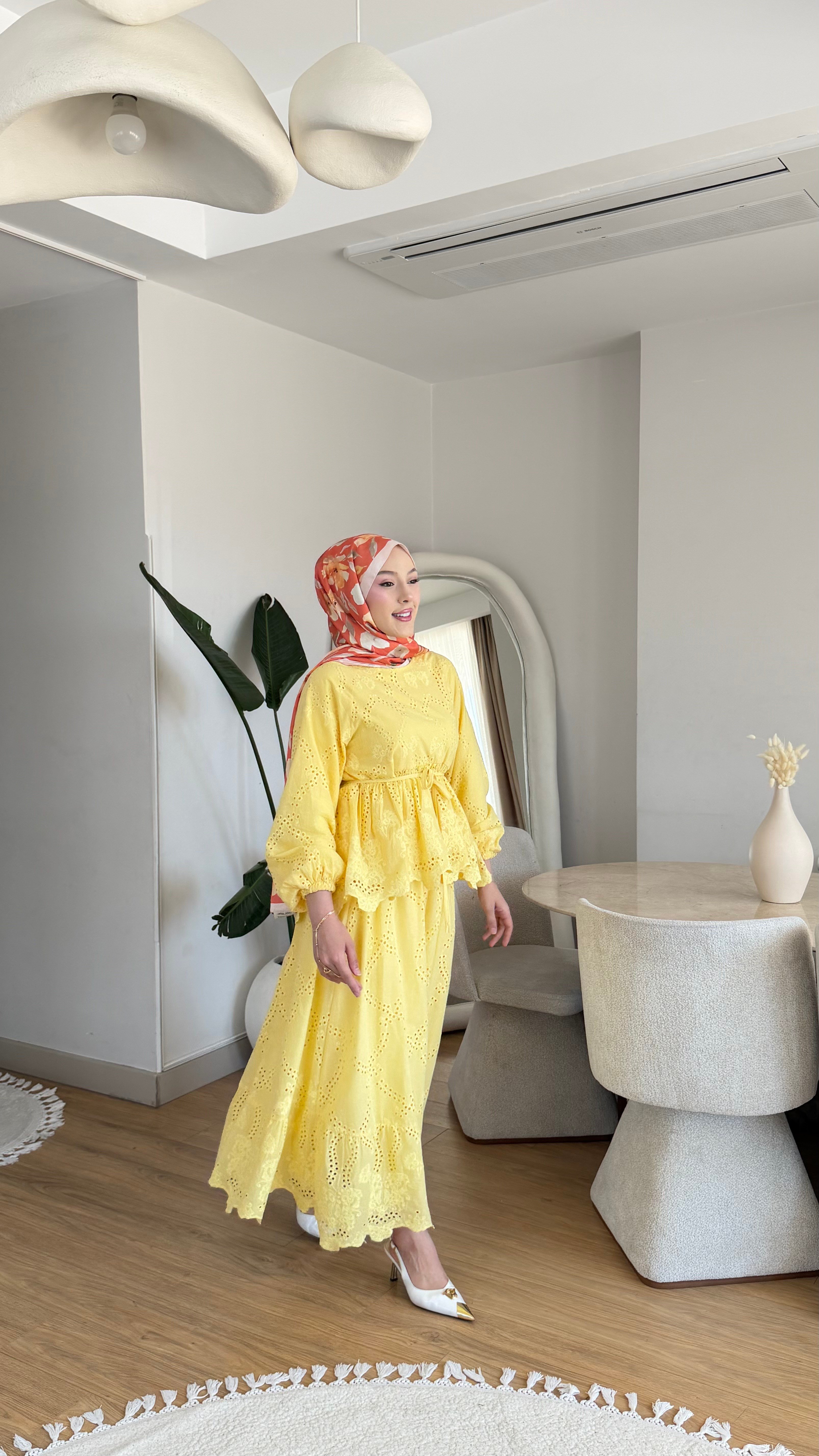Fisto Tesettür Giyim Tunik Etek Takım Sarı