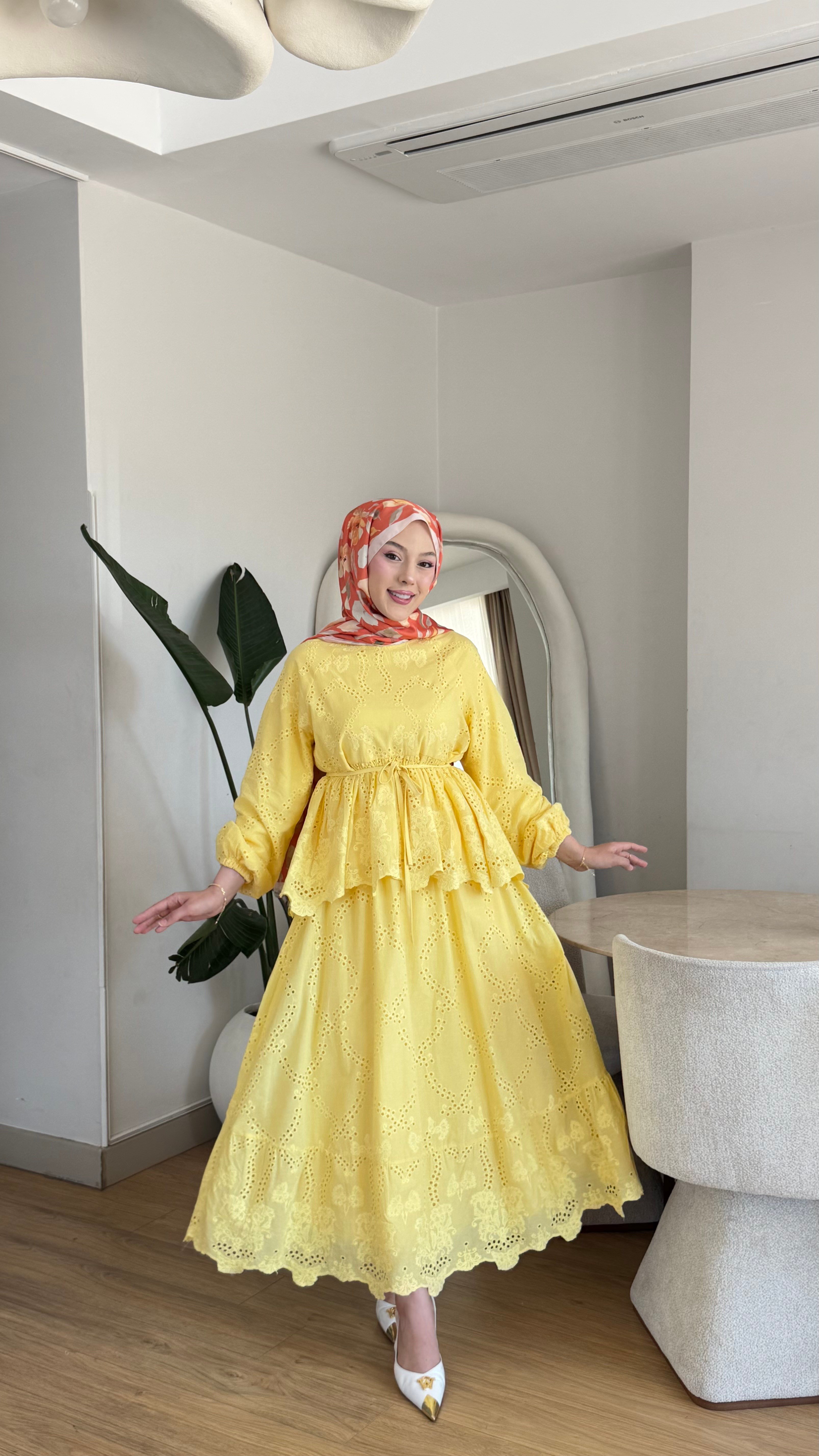 Fisto Tesettür Giyim Tunik Etek Takım Sarı