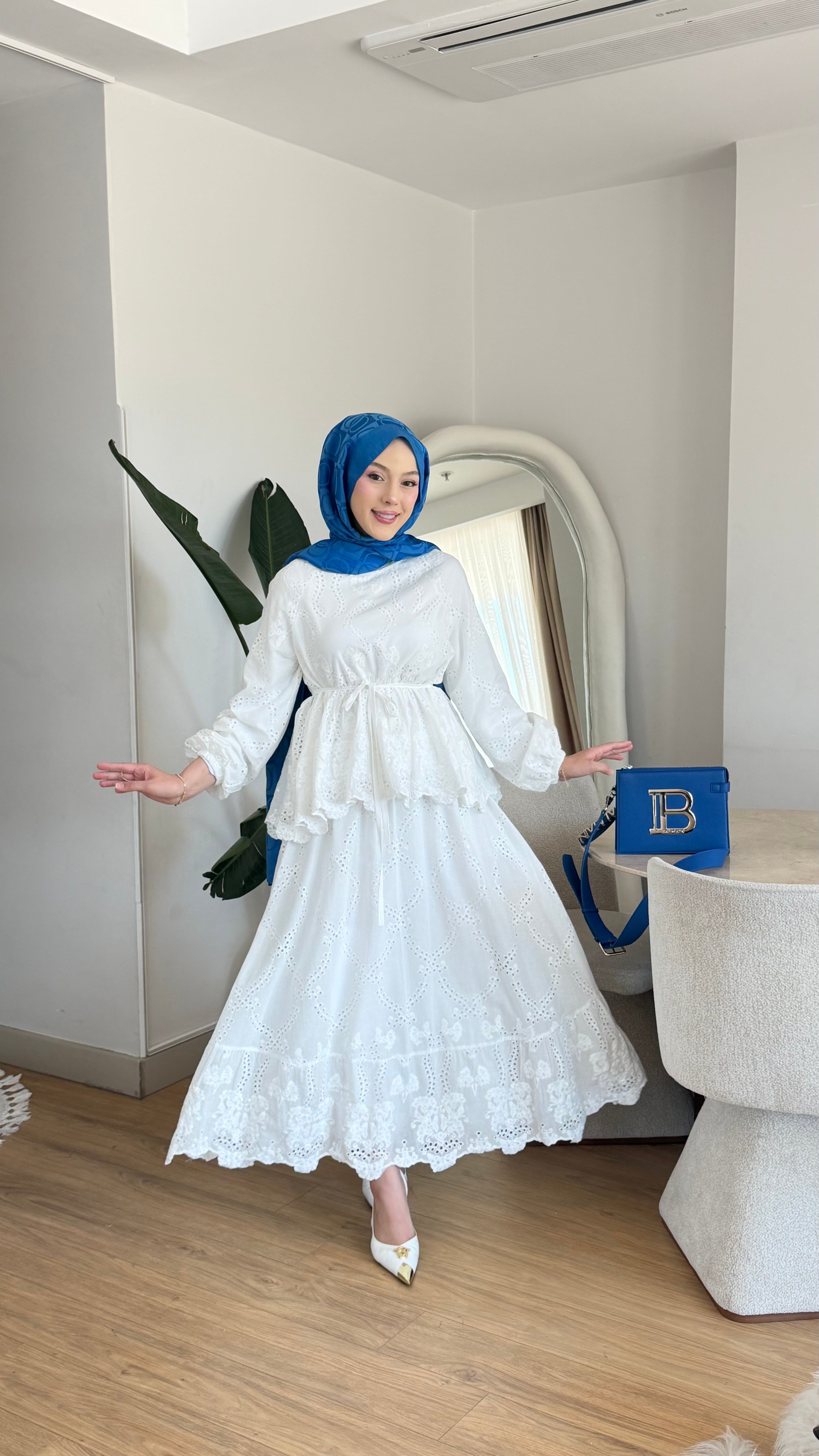 Fisto Tesettür Giyim Tunik Etek Takım Beyaz