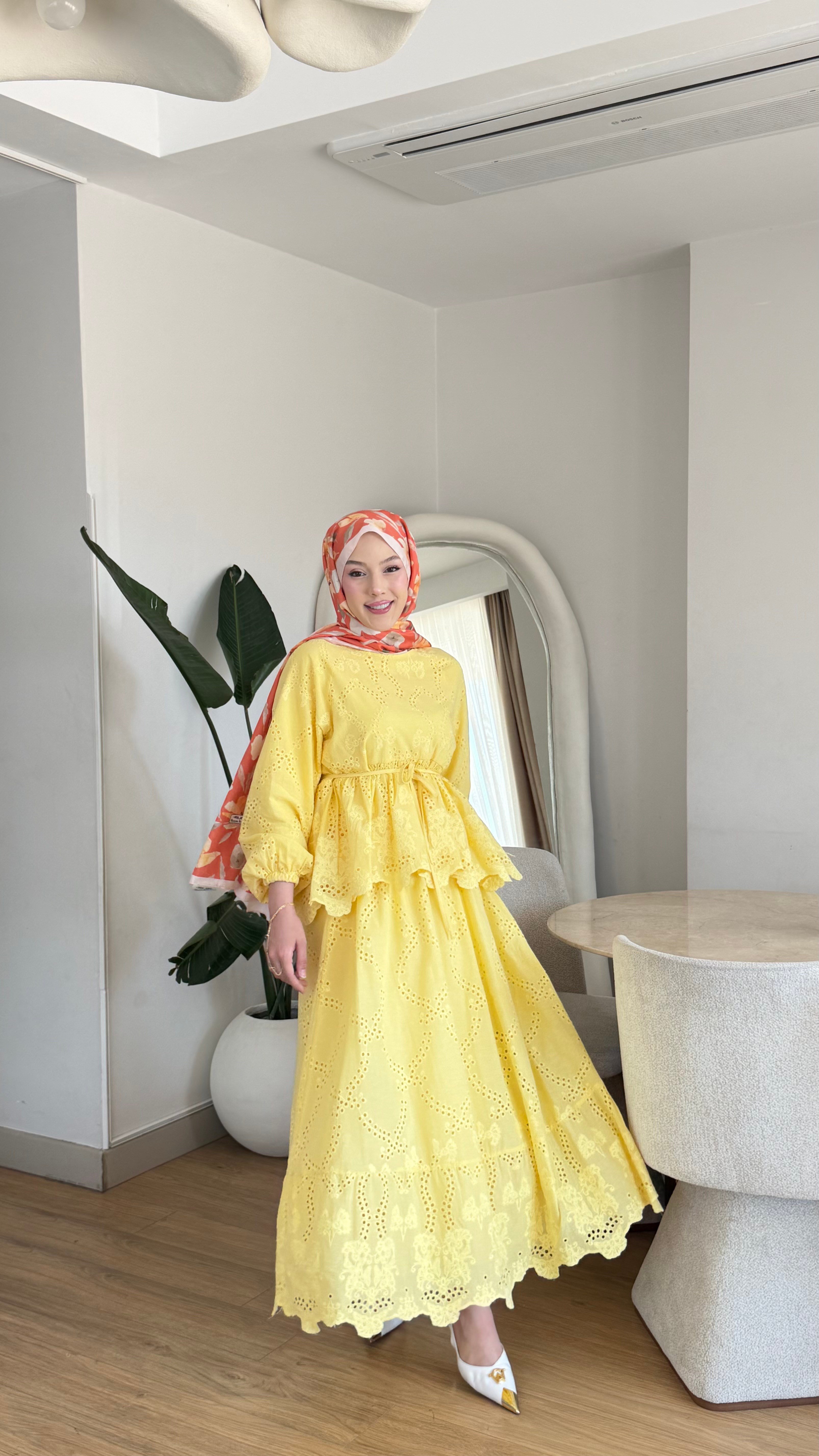 Fisto Tesettür Giyim Tunik Etek Takım Sarı