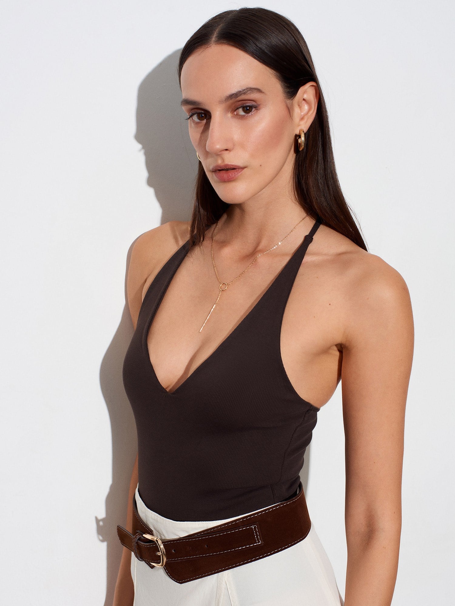 Halter Yaka Bodysuit-Koyu Kahve