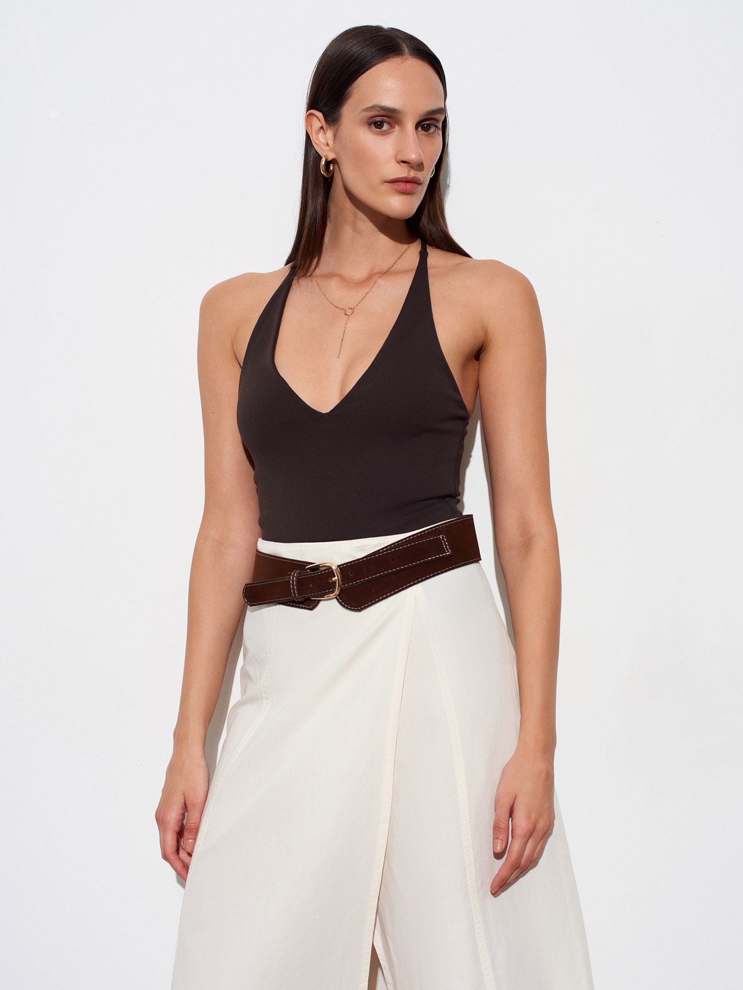 Halter Yaka Bodysuit-Koyu Kahve