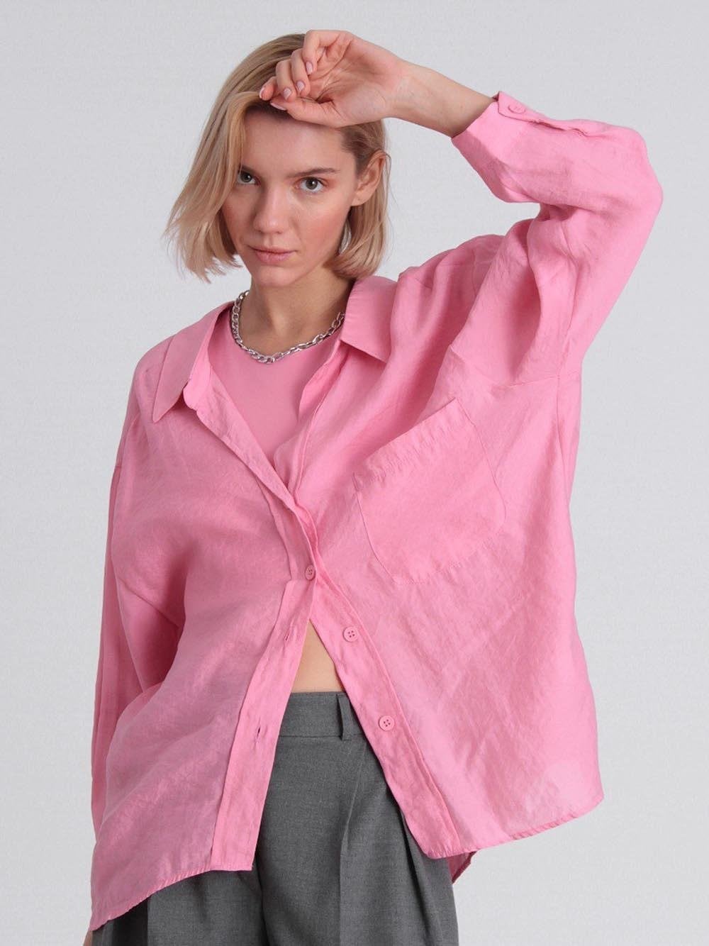 Pembe Düşük Omuzlu Oversize Gömlek