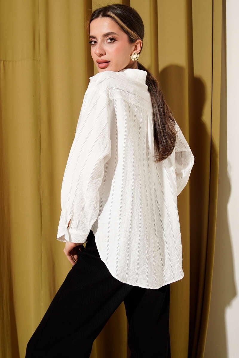 Şerit Brodeli Oversize Basic Gömlek Ekru
