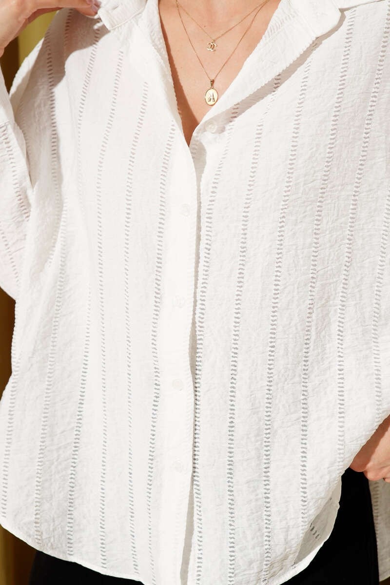 Şerit Brodeli Oversize Basic Gömlek Ekru