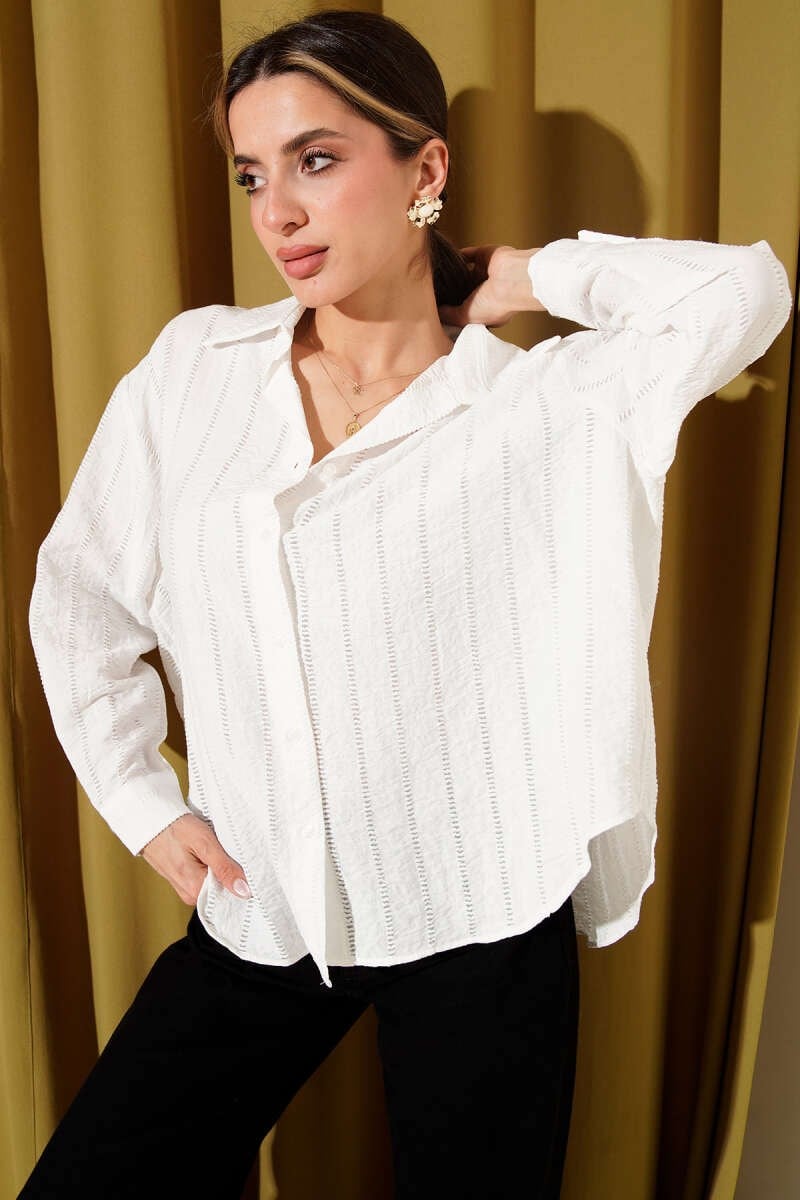 Şerit Brodeli Oversize Basic Gömlek Ekru