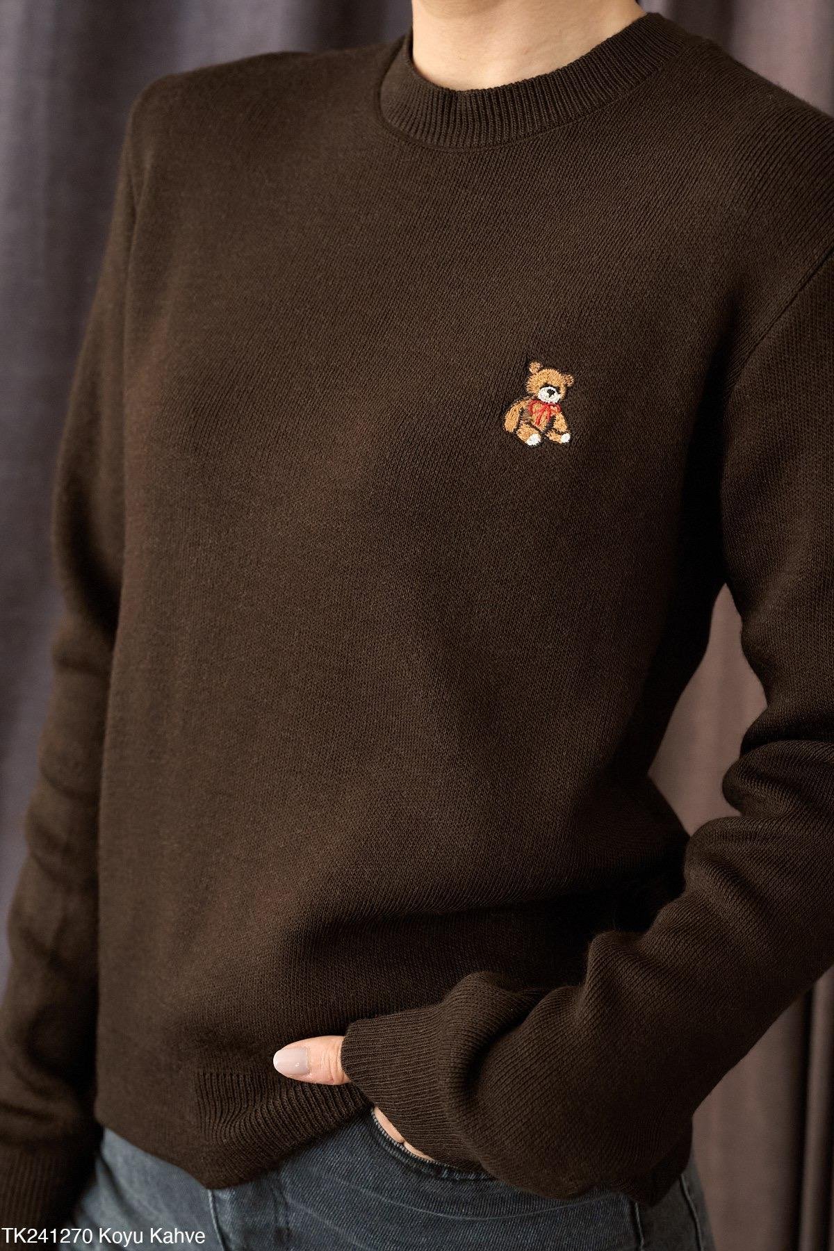 Teddy Nakışlı Basic Triko Kahverengi