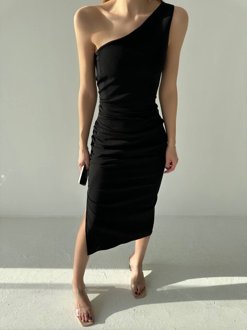 Tek Omuz Drape Detaylı  Kadın Siyah Midi Elbise