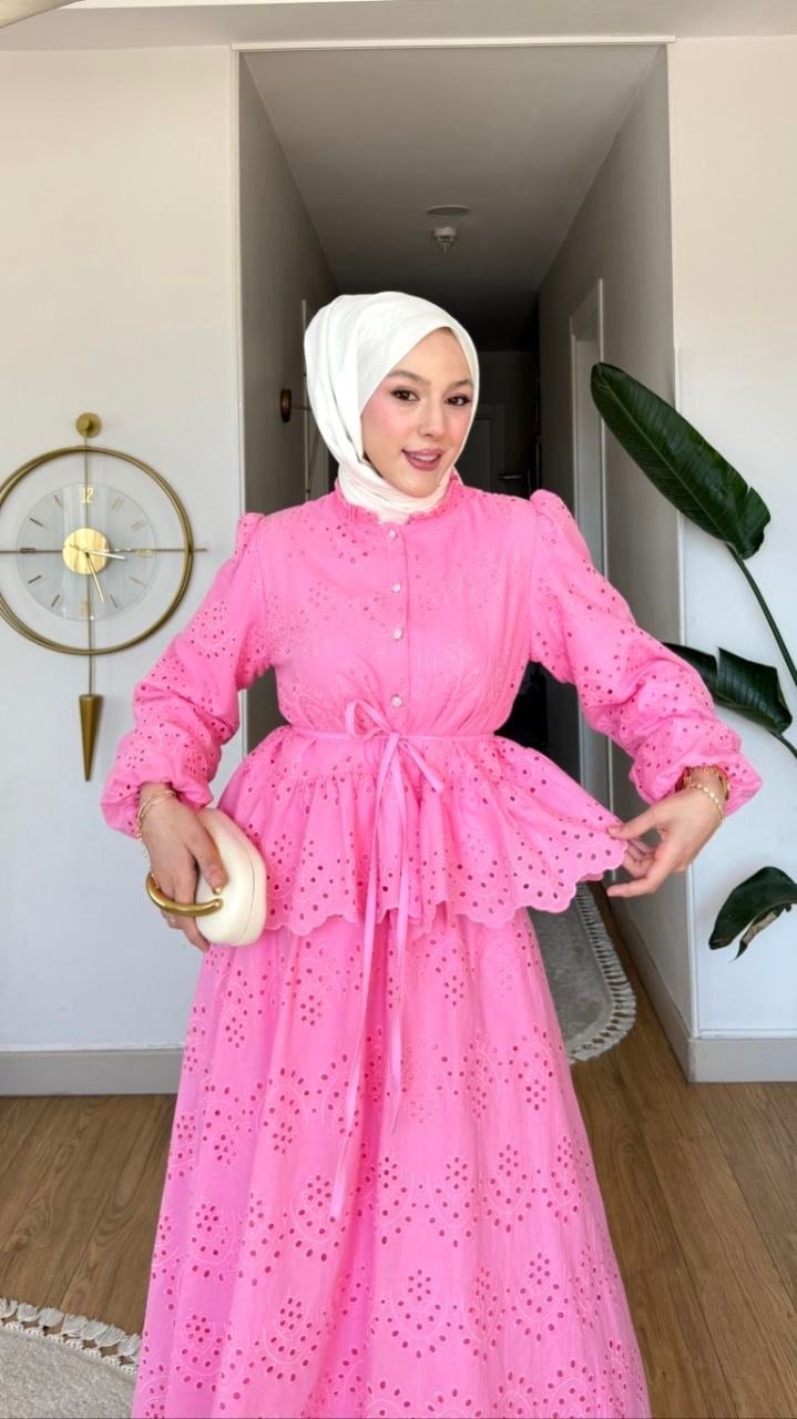 Tesettür Takım Fisto Kumaş Astarlı Etek-Gömlek -pembe
