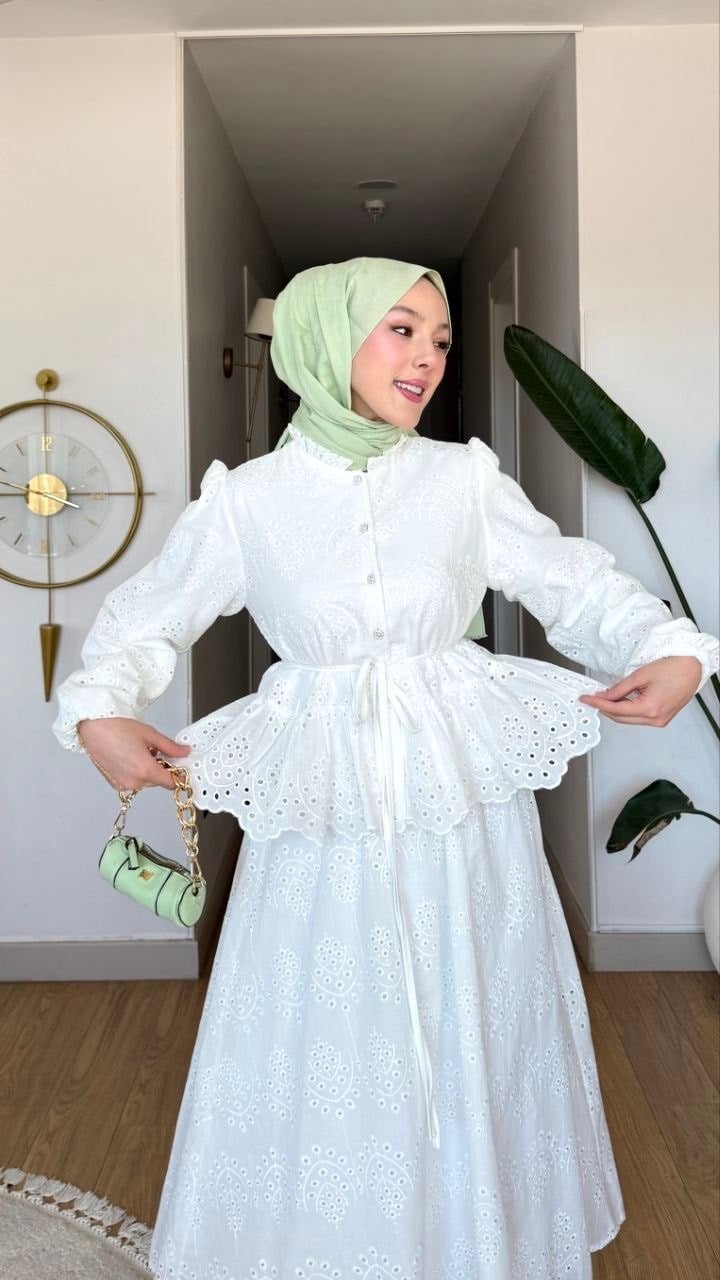 Tesettür Takım Fisto Kumaş Astarlı Etek-Gömlek - Beyaz