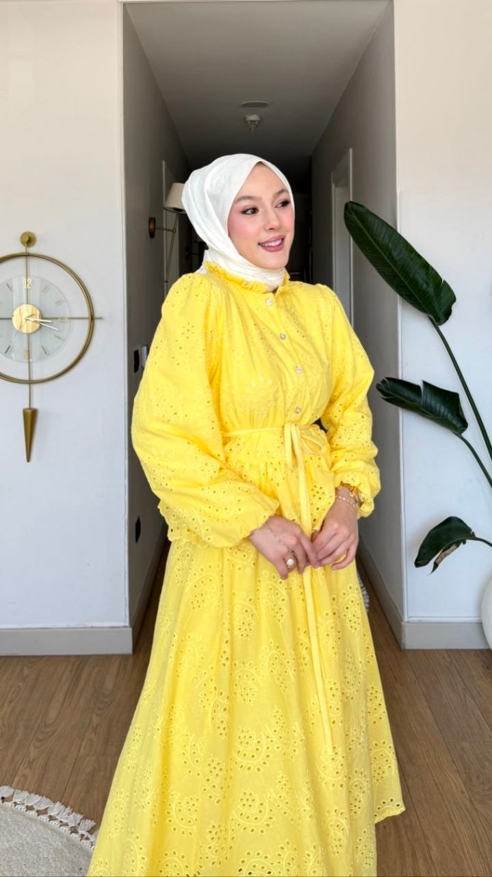 Tesettür Takım Fisto Kumaş Astarlı Etek-Gömlek - Sarı