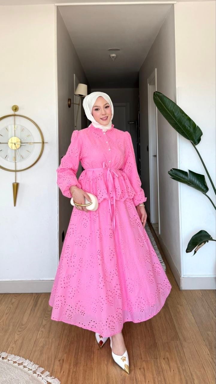 Tesettür Takım Fisto Kumaş Astarlı Etek-Gömlek -pembe