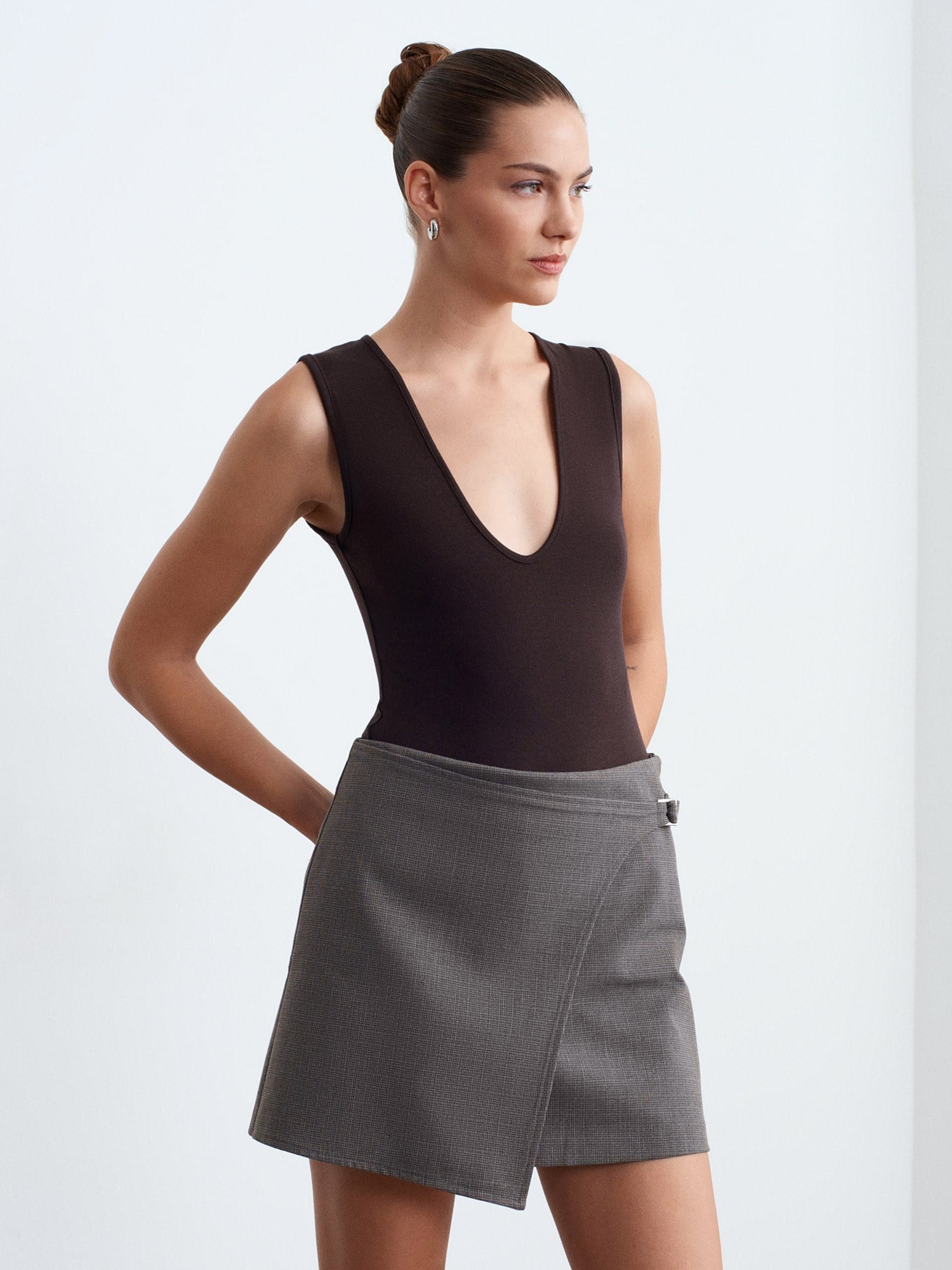 V Yaka Bodysuit-Kahve