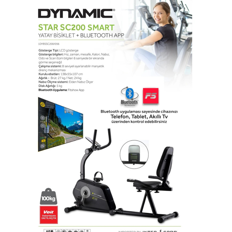Dynamic Voit Garantili SC200 Manyetik Yatay Kondisyon Bisikleti, Bluetooth Uygulamalı, Sessiz Çalışır, Elden Nabız Ölçer