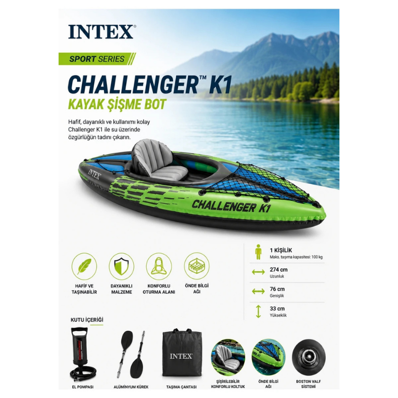 Intex Challenger K1 Tek Kişilik Şişme Kayak – Tek Kişilik | Dayanıklı PVC | Hafif & Taşınabilir