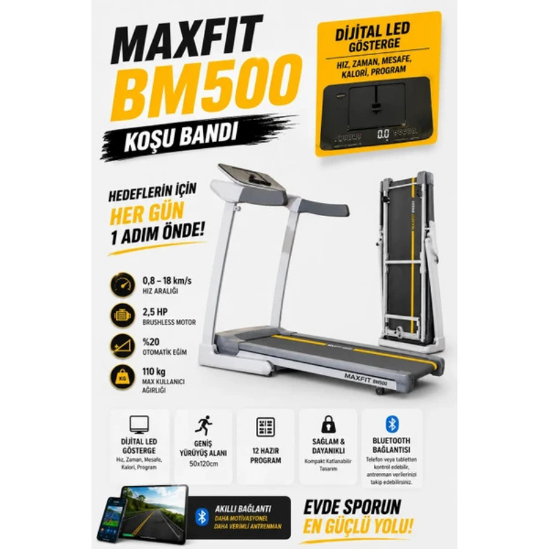 MAXFIT BM500 Otomatik Eğimli Koşu Bandı 2,5 HP Brushless Motor Bluetooth Destekli