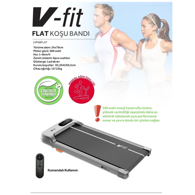 V-Fit Flat Koşu Bandı 34x79 cm Minimal Yürüyüş Bandı Uzaktan Kumandalı & Eğimli